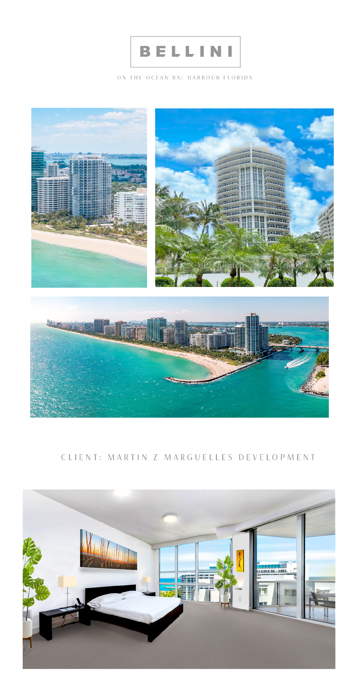 A collage of photos of a beach , a building , and a bedroom.