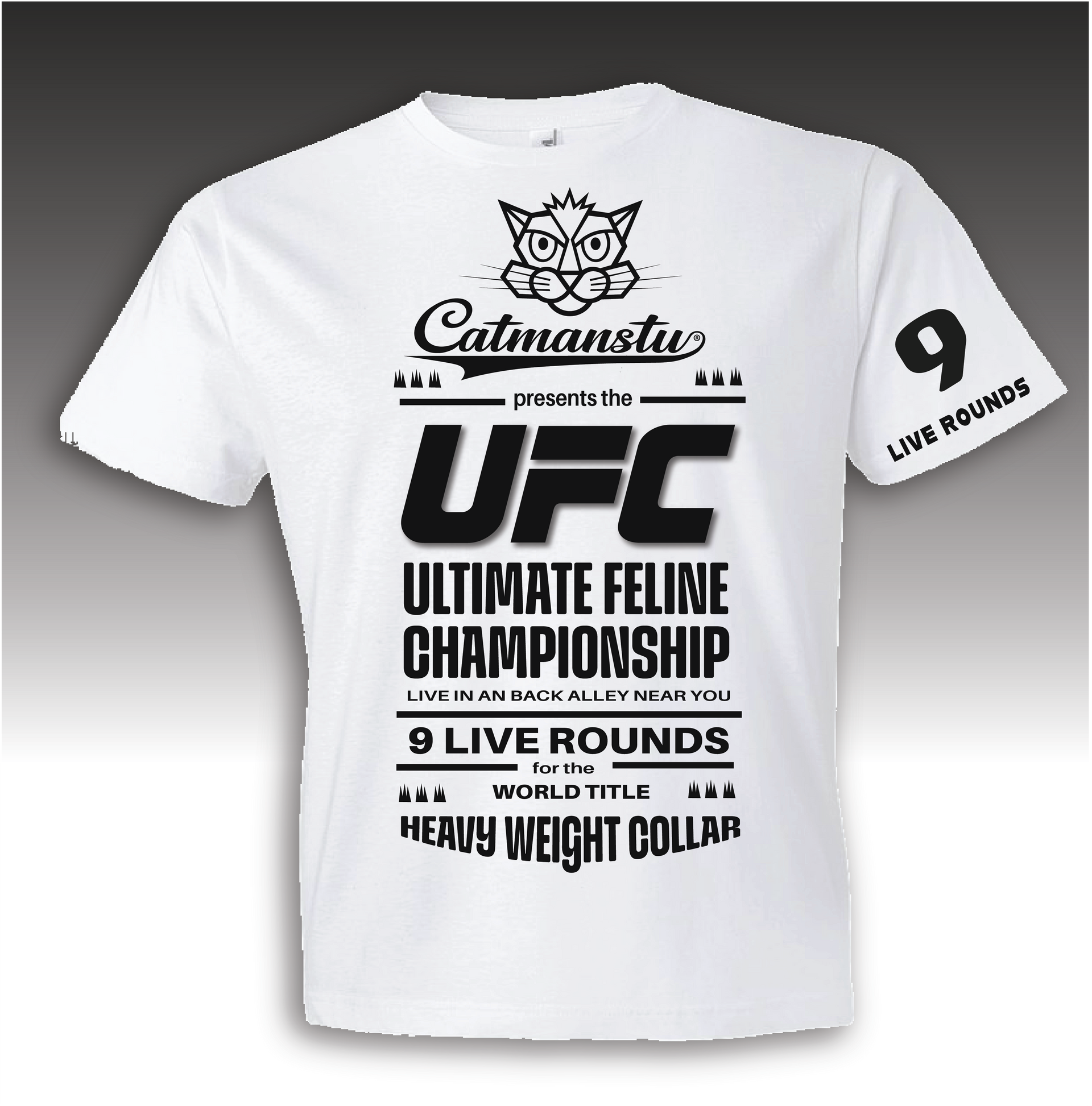 A white t-shirt that says Catmanstu ultimate feline championship