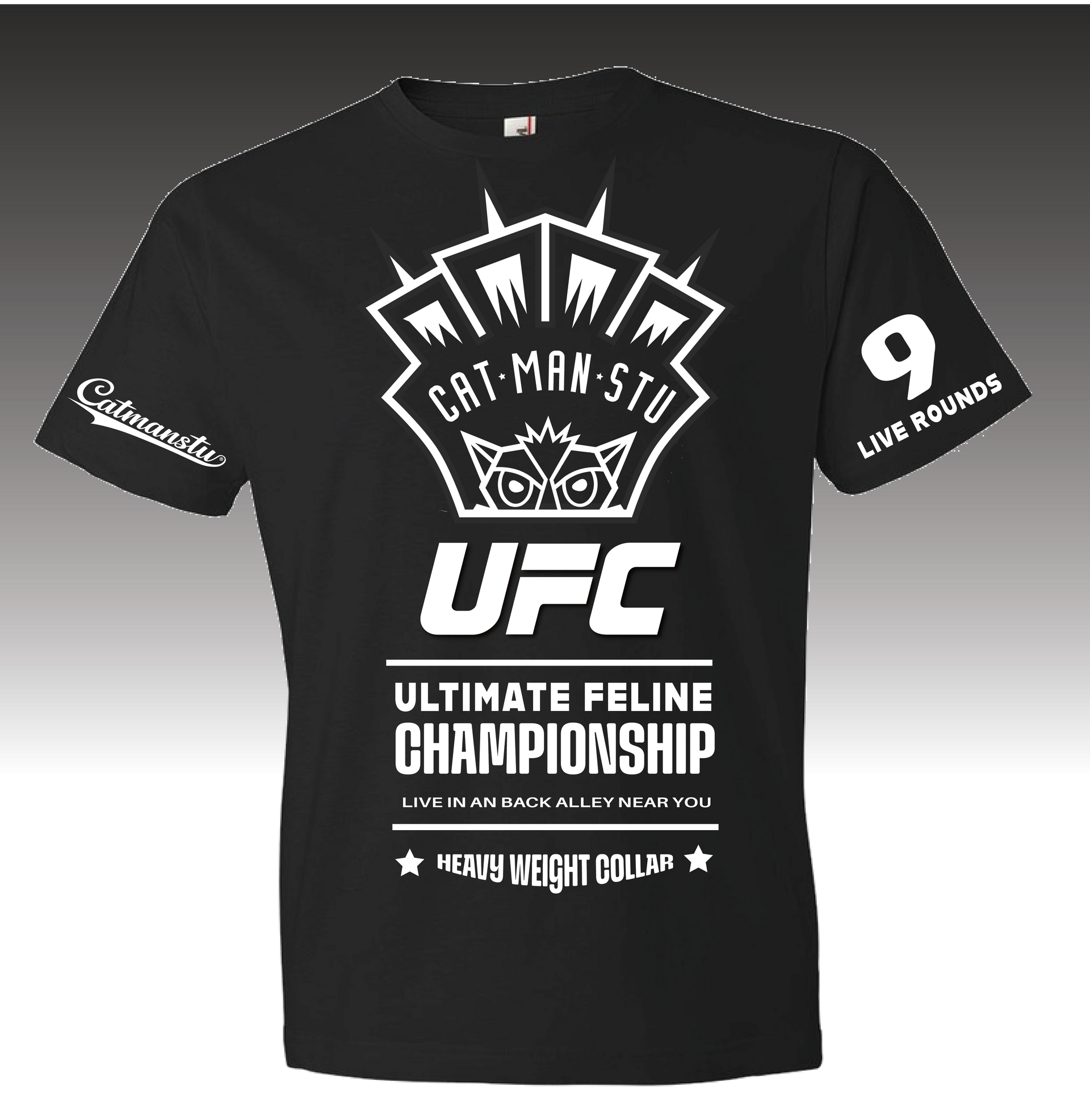 A black t-shirt that says ultimate feline championship by Catmanstu