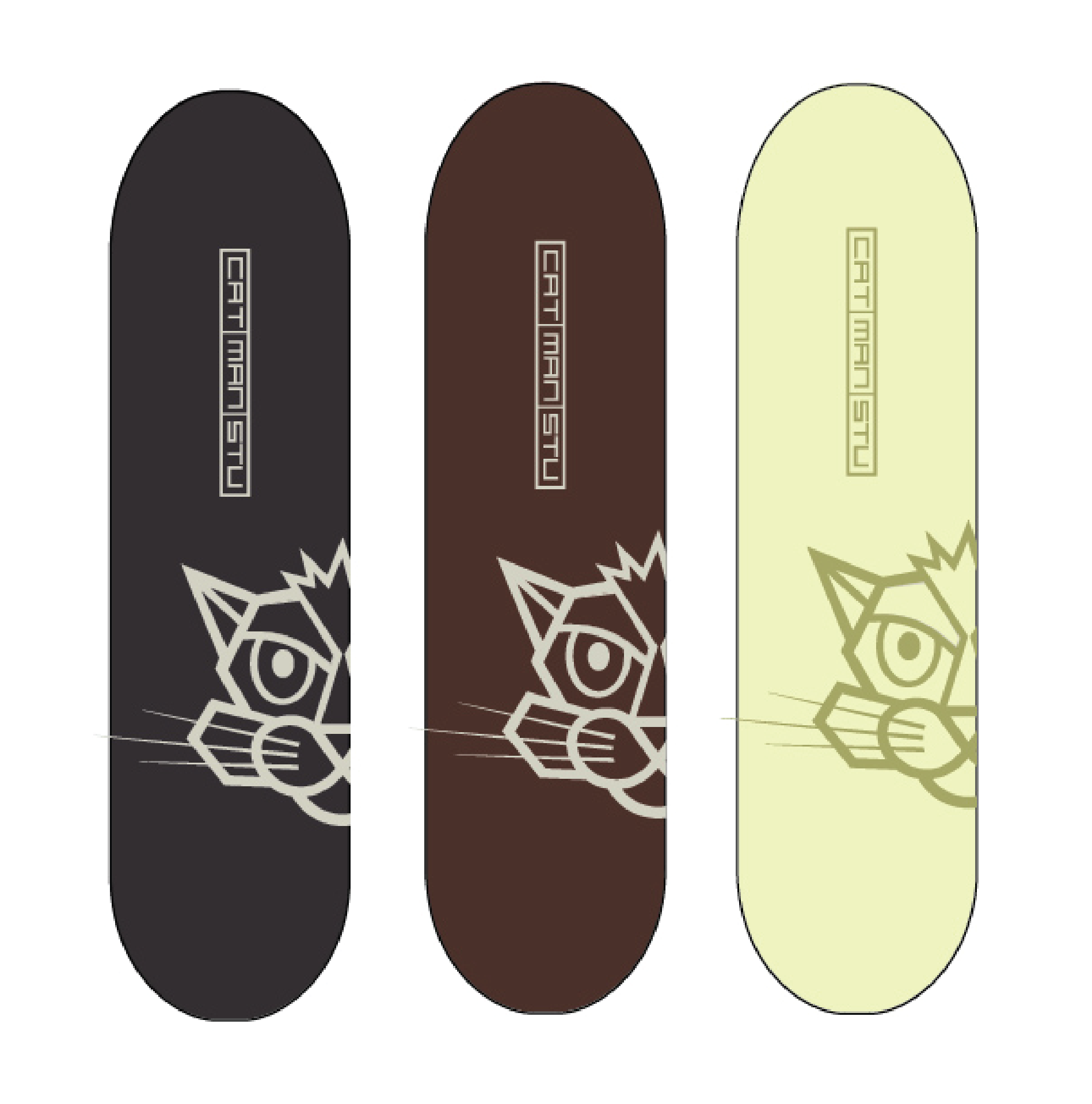 Three different catmanstu colored skateboard decks
