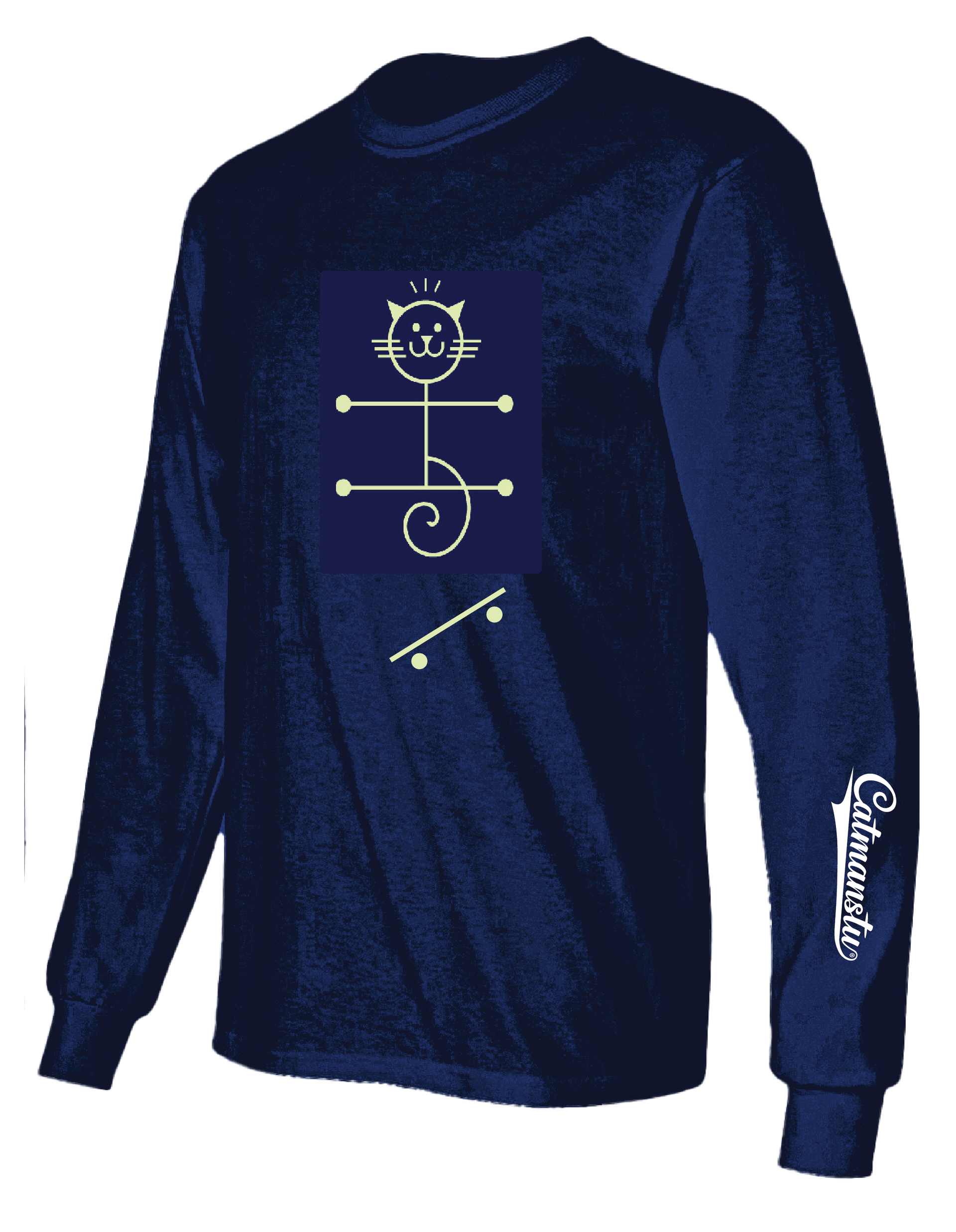 A blue long sleeve shirt with a cat on it doing a kick flip on a skateboard