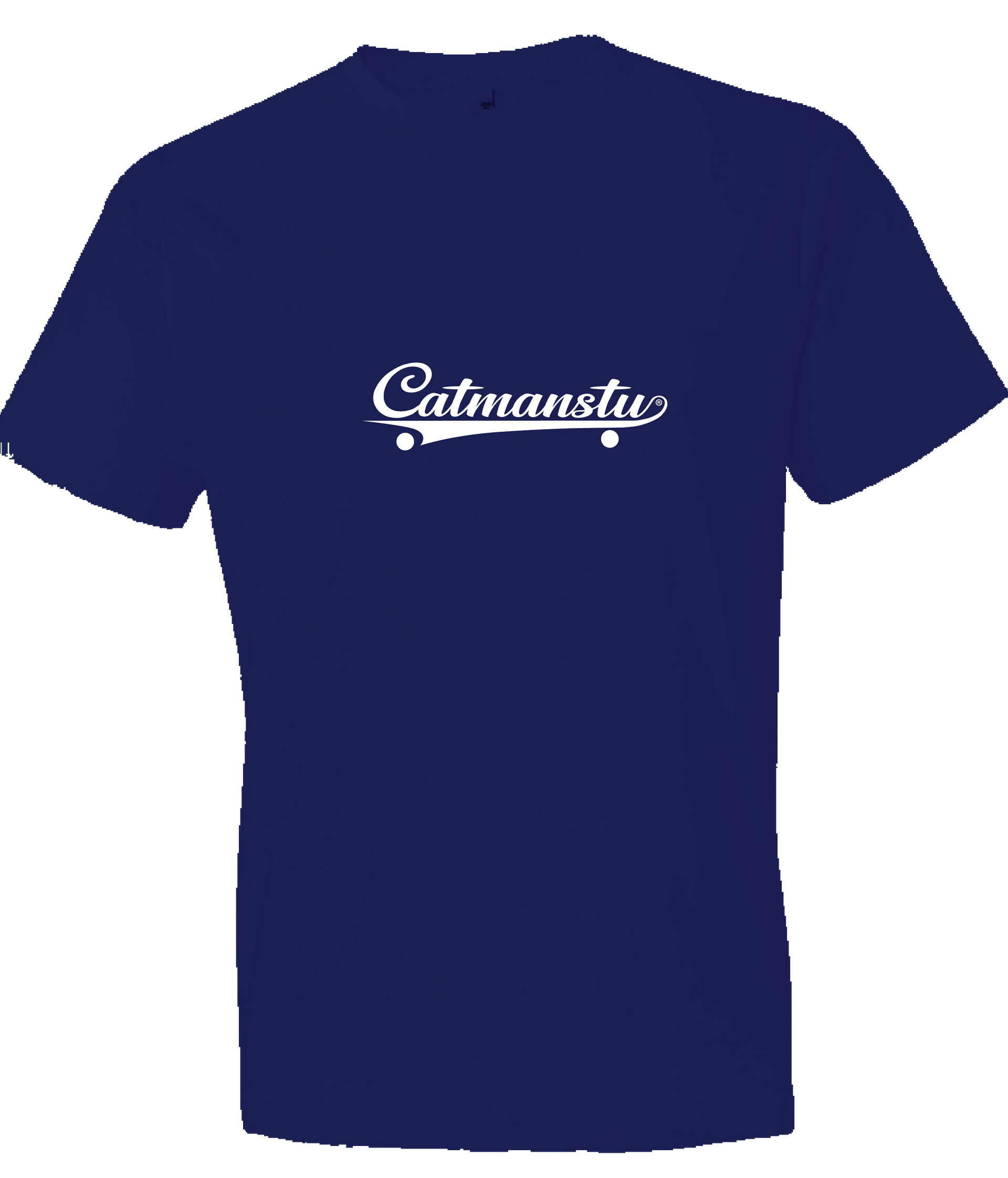 A blue t-shirt with the word Catmanstu 
shaped into a skateboard