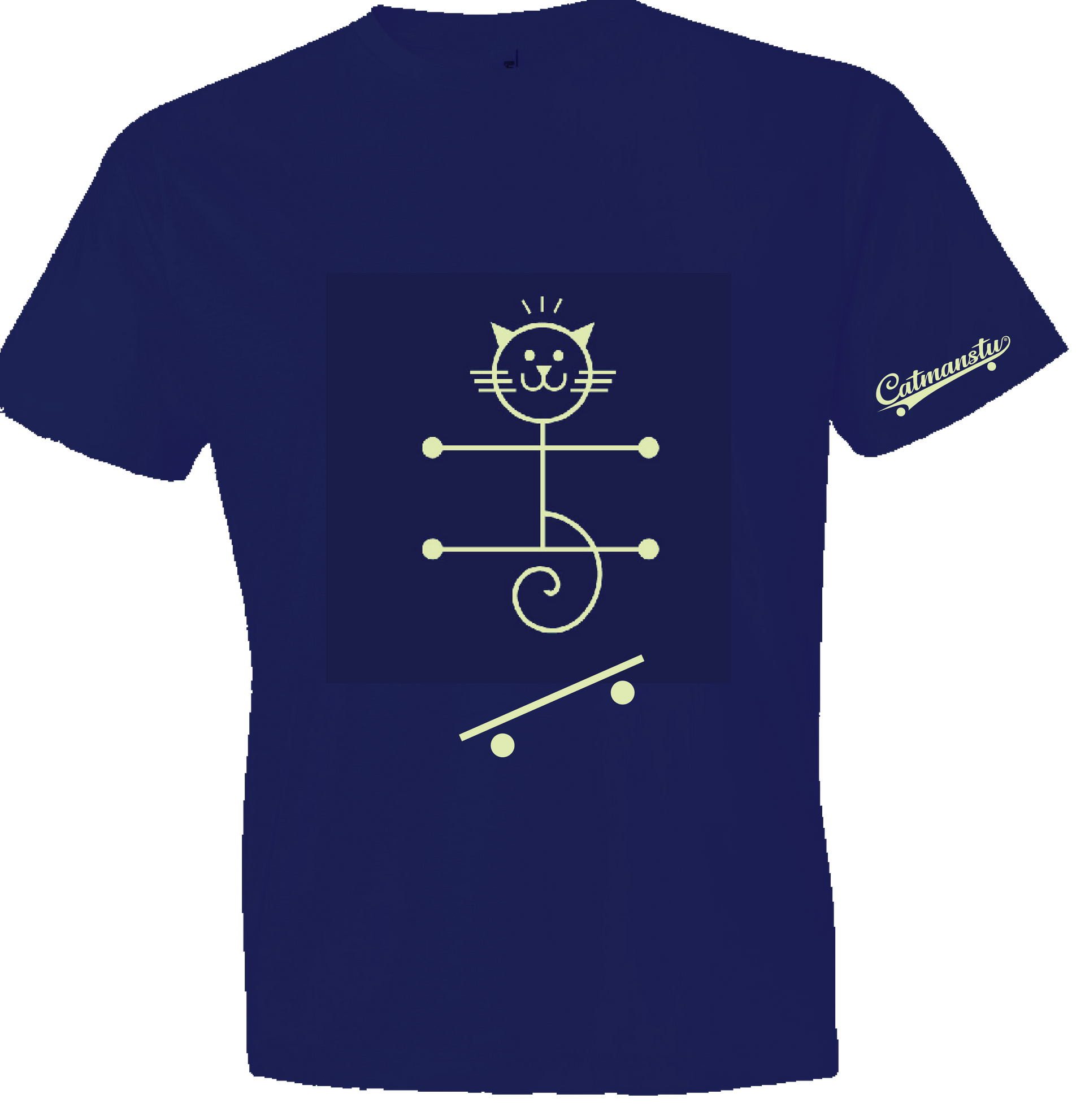 A blue t-shirt with a cat and skateboard kick flip