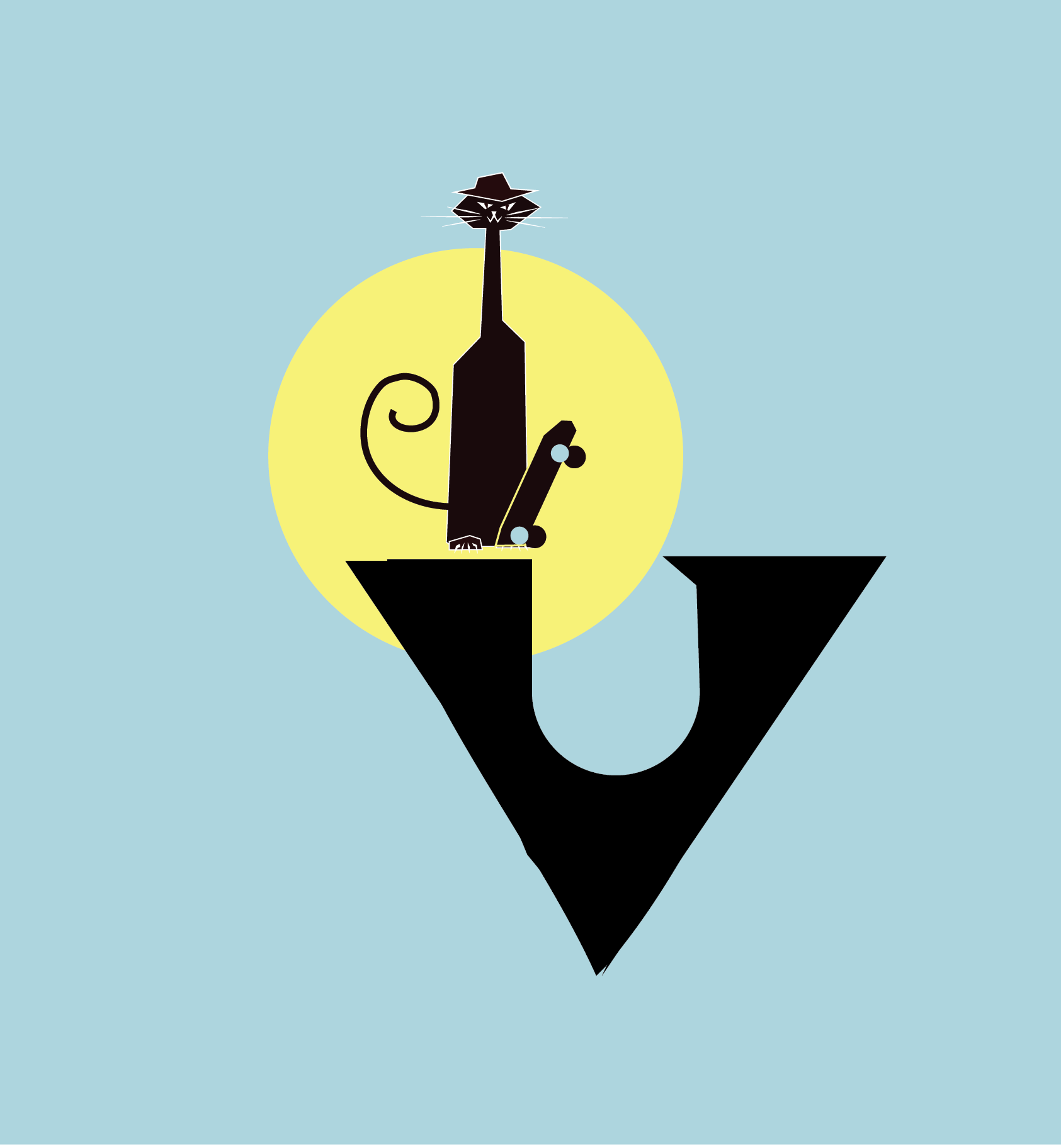 A drawing of a cat and a bottle of wine with the letter v in the foreground