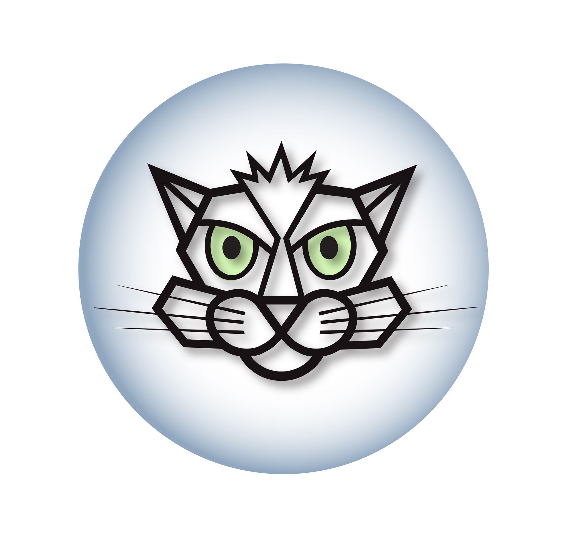 A black and white drawing of a cat named catmanstu with green eyes