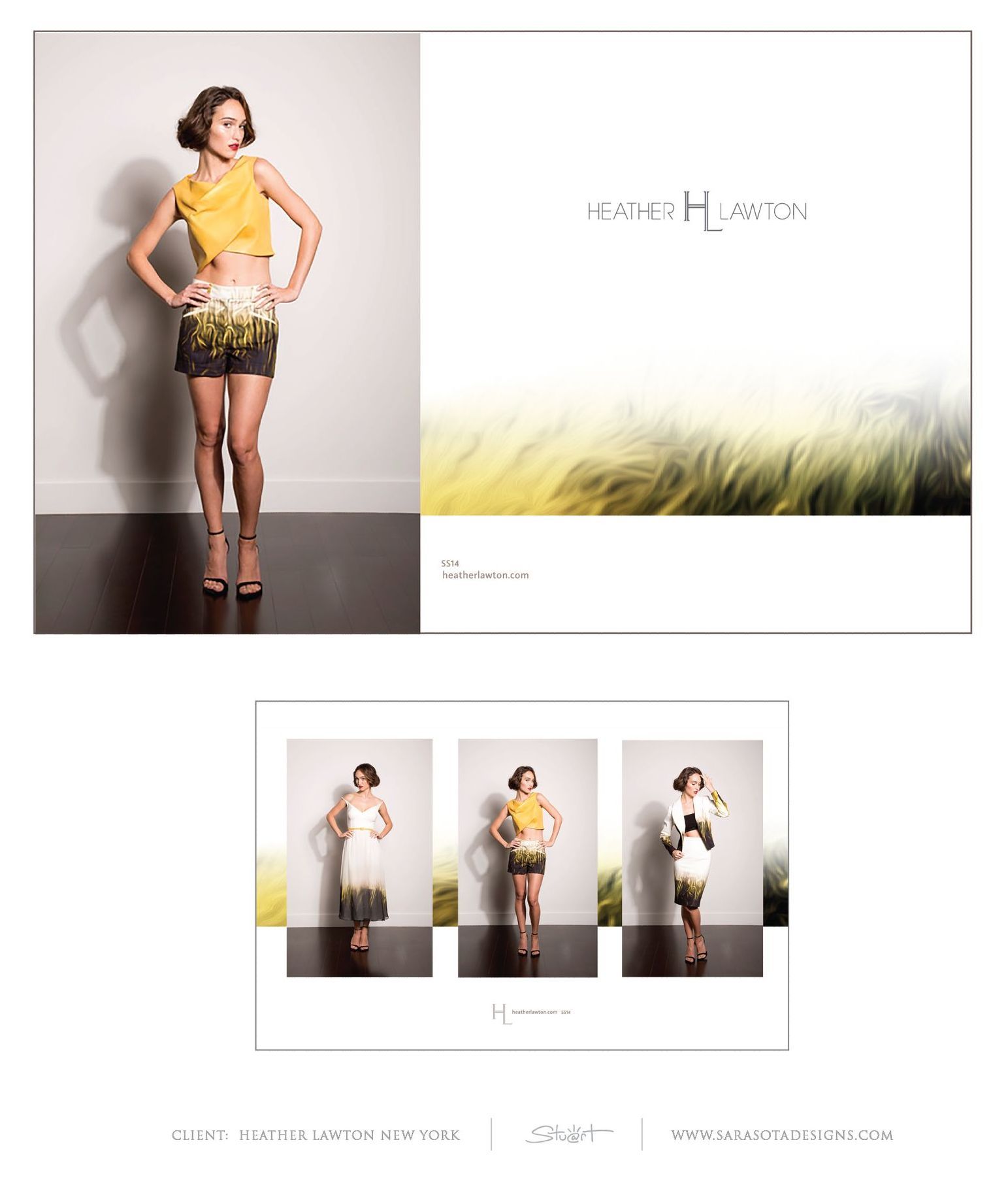 A woman in a yellow dress is standing in front of a field of tall grass. graphic design by Stuart Bailey Sarasota