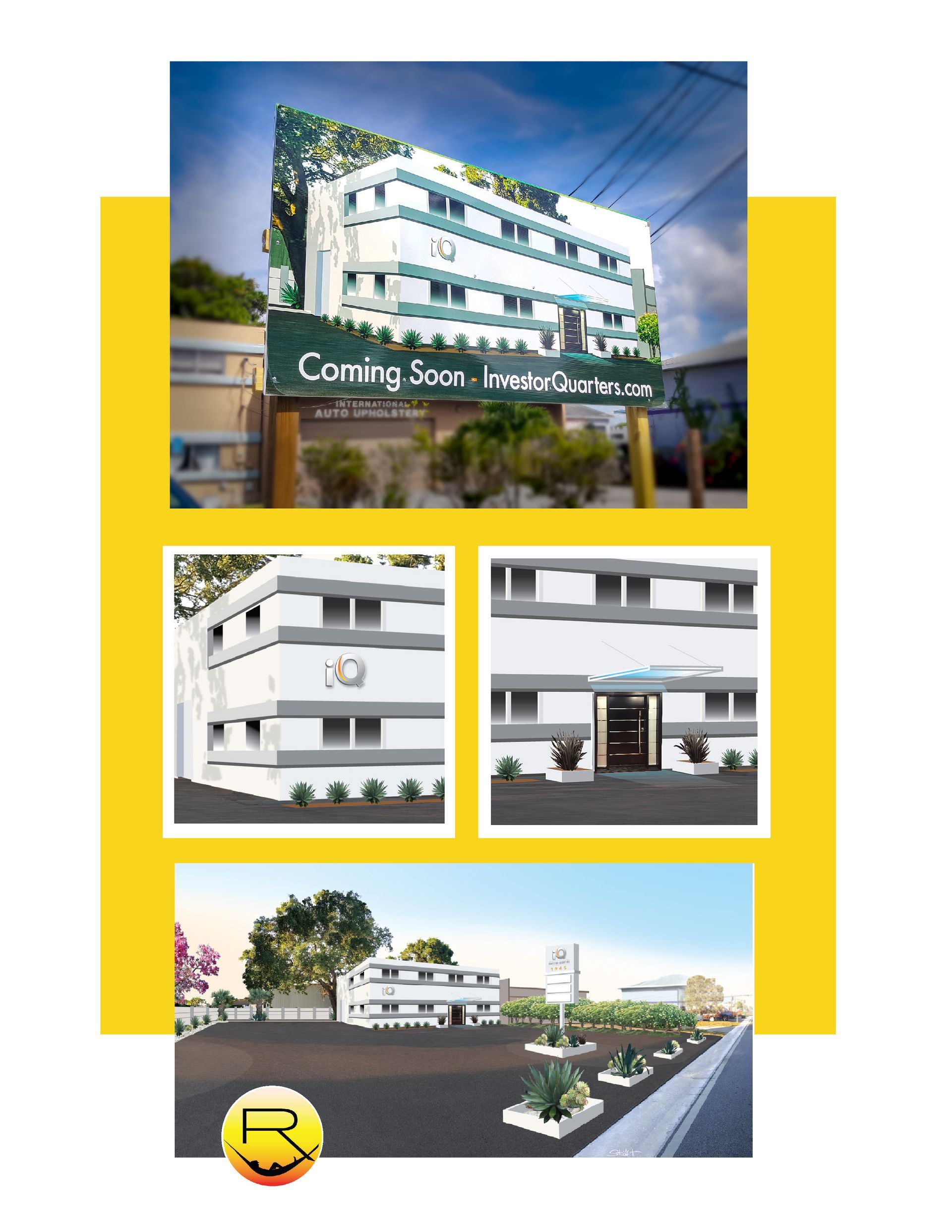 A collage of pictures of a building with a green sign that says coming soon