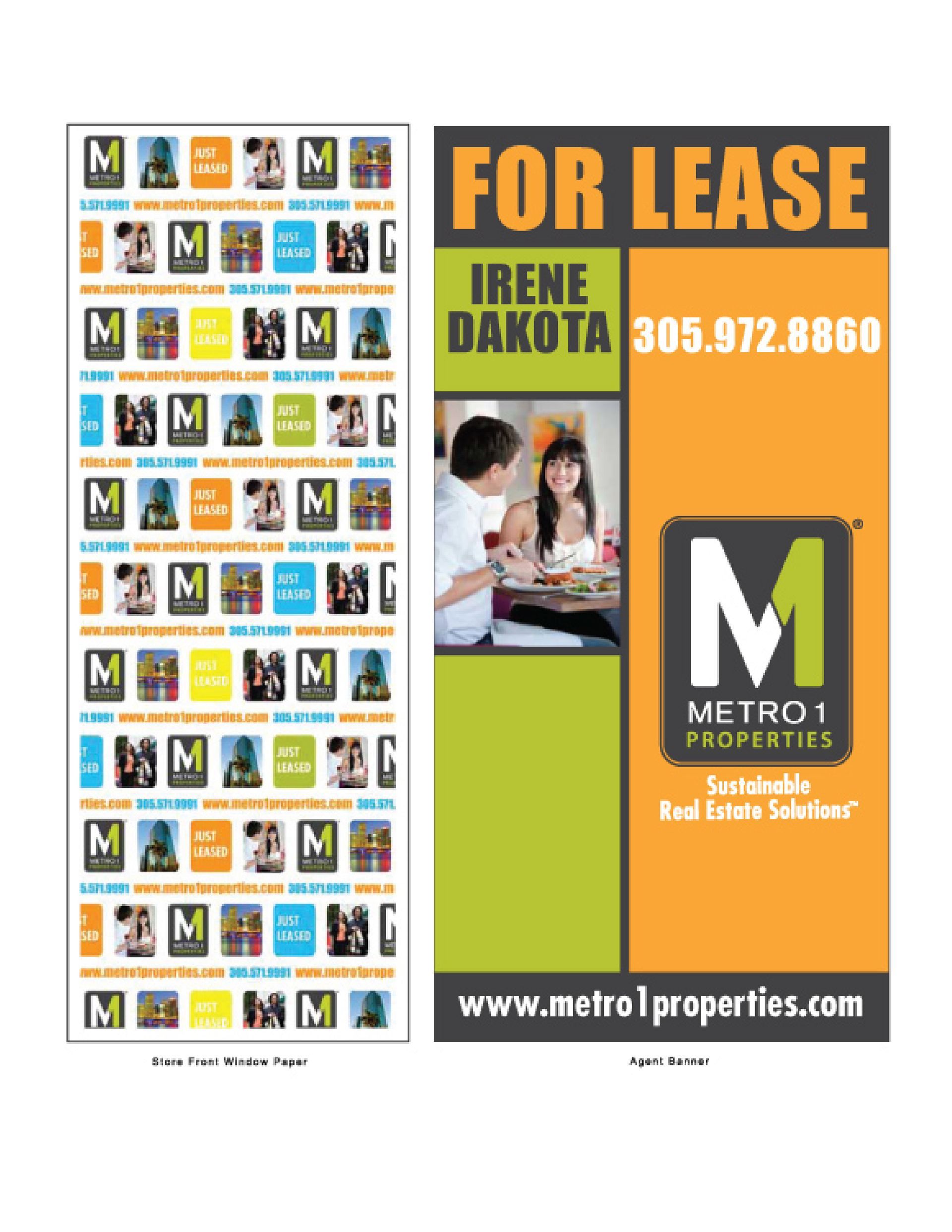 A for lease sign with a picture of a man and woman sitting at a table.