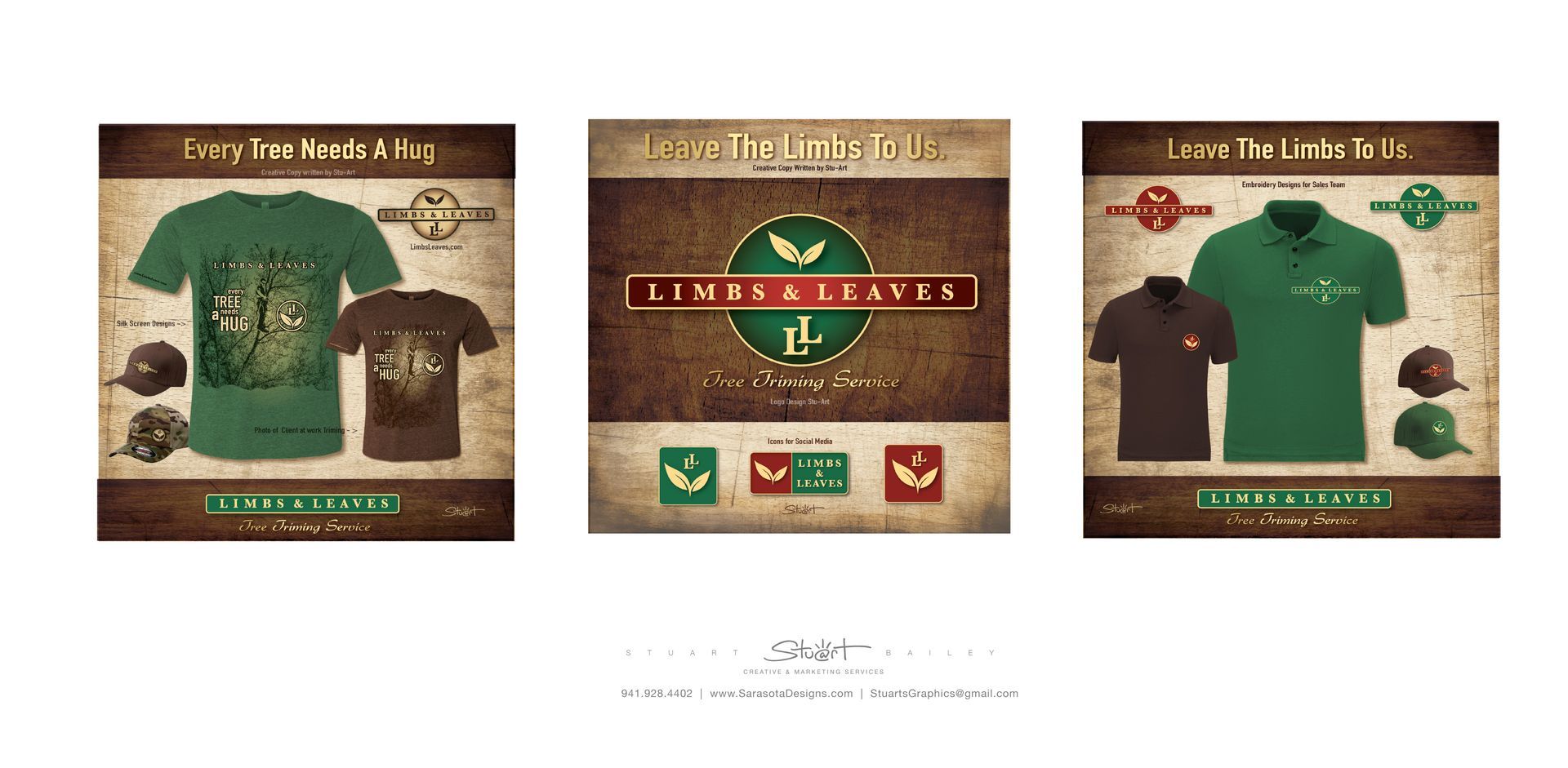 Three advertisements for lumber & leaver shirts and hats graphic design by Stuart Bailey Sarasota