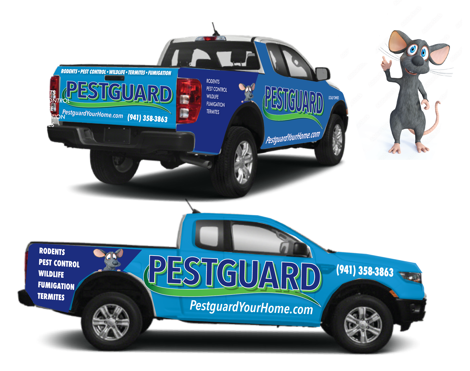 A blue truck with the word pestguard on it