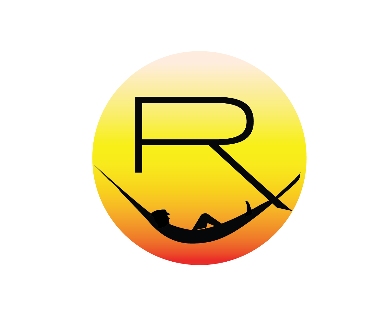 A silhouette of a person laying in a hammock with the letter r in the middle