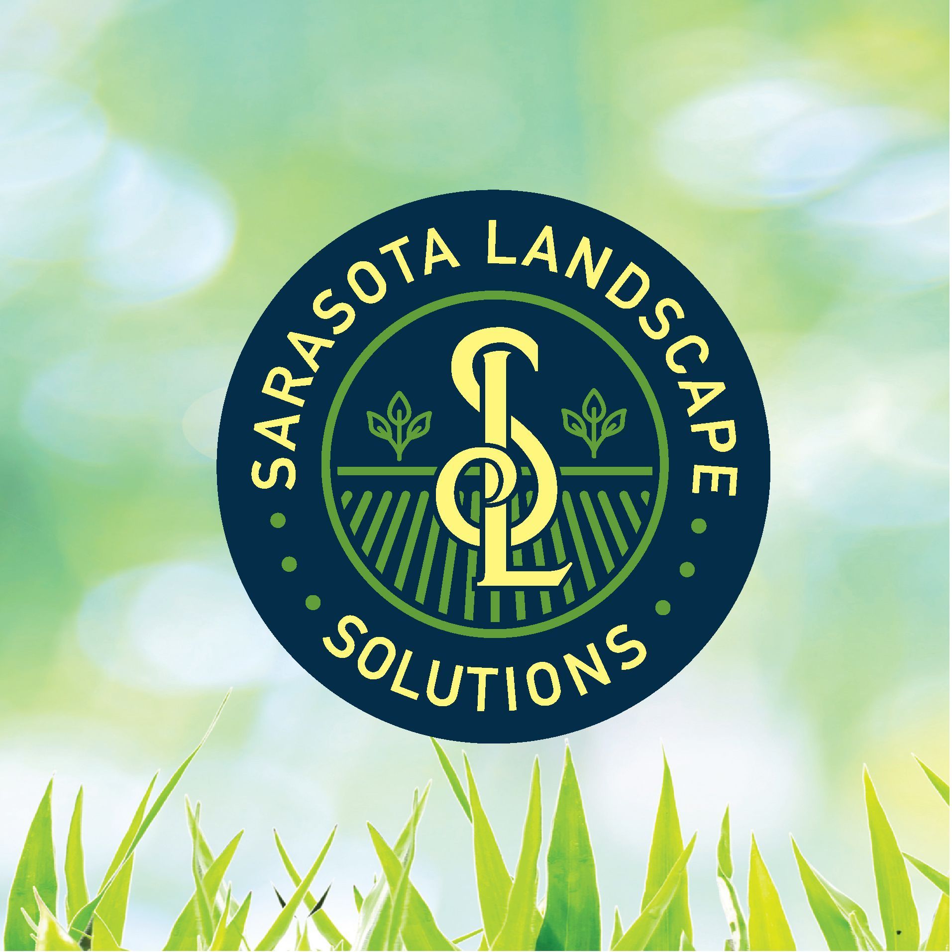 A logo for sarasota landscape solutions is surrounded by green grass
