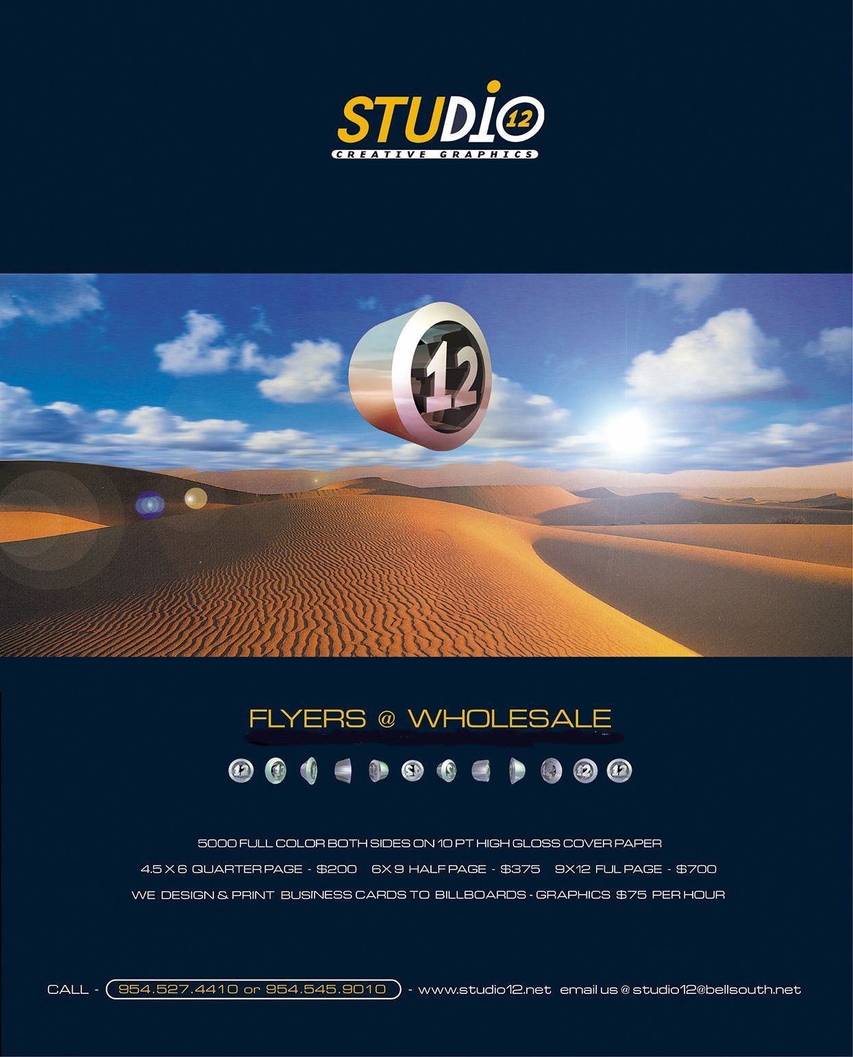 A poster for studio flyers and wholesale with a picture of a desert.