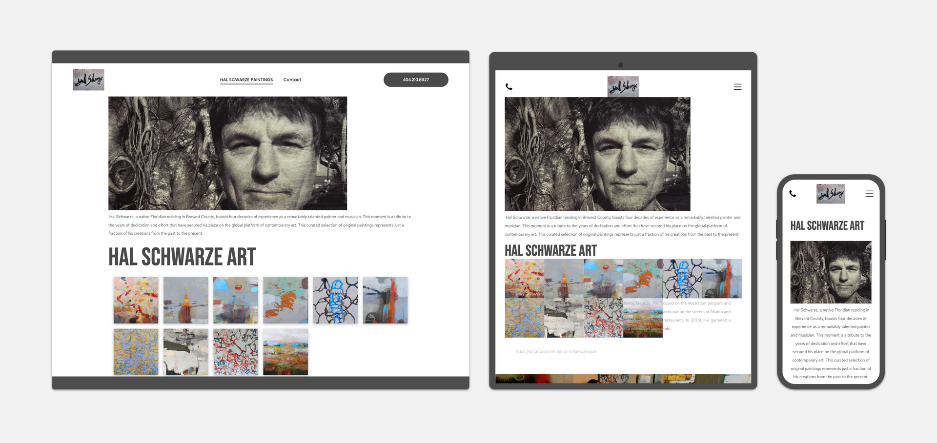 Website design mockup displayed on a laptop, tablet, and phone, showcasing an artist's portrait and art gallery.