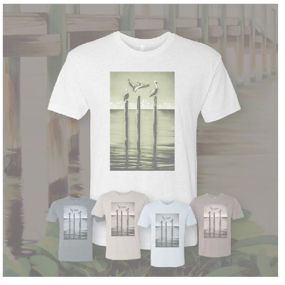 A white t-shirt with a picture of three birds on a pole in the water