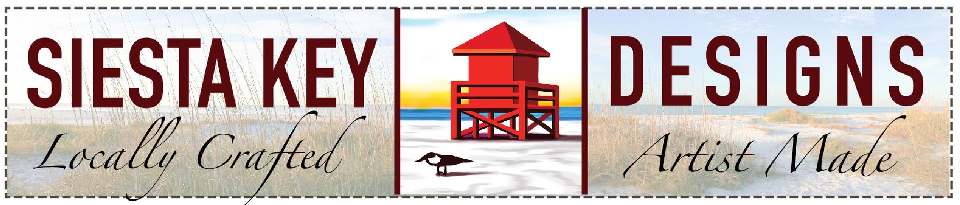 A siesta key designs logo with a red house on the beach