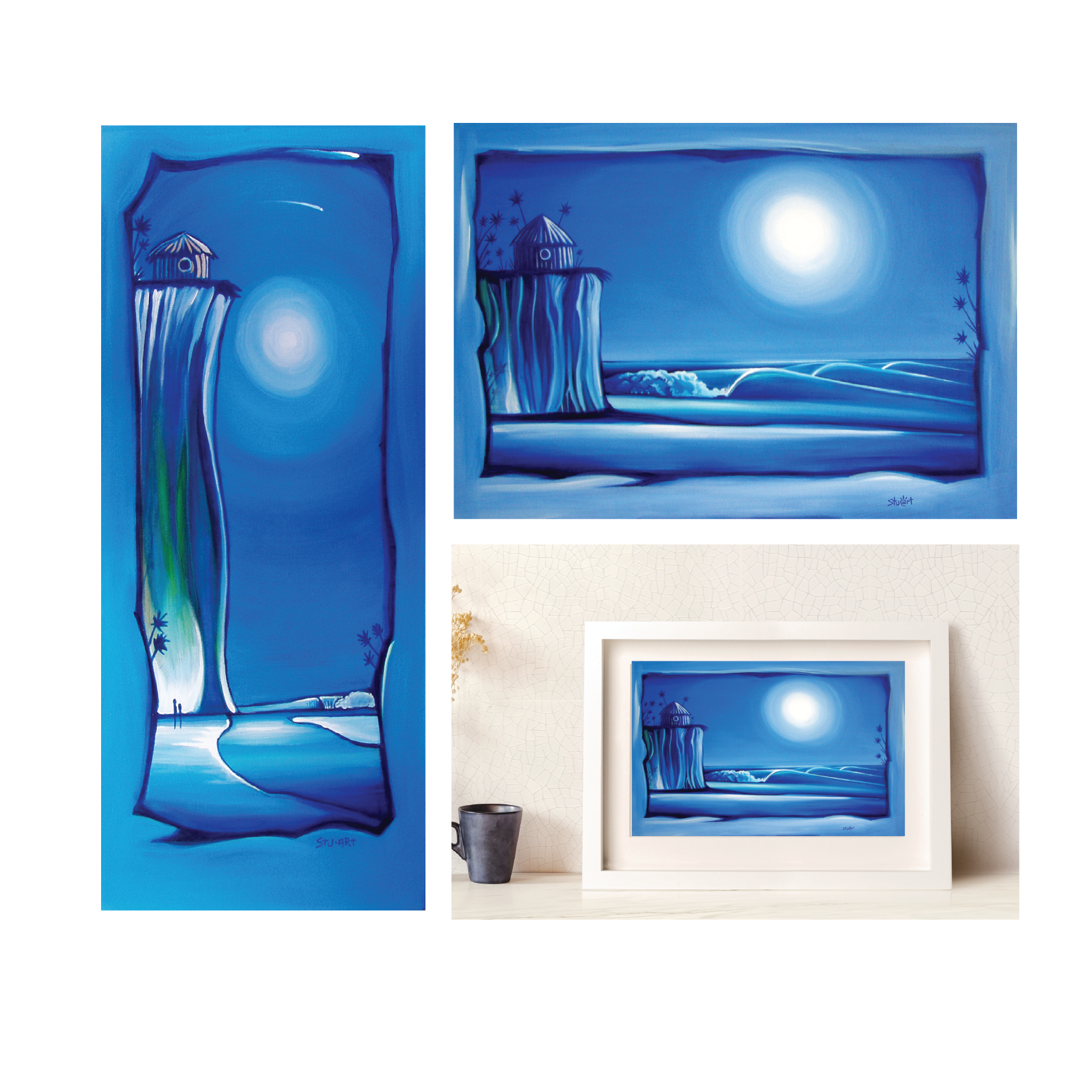 Three paintings of a beach scene with a full moon