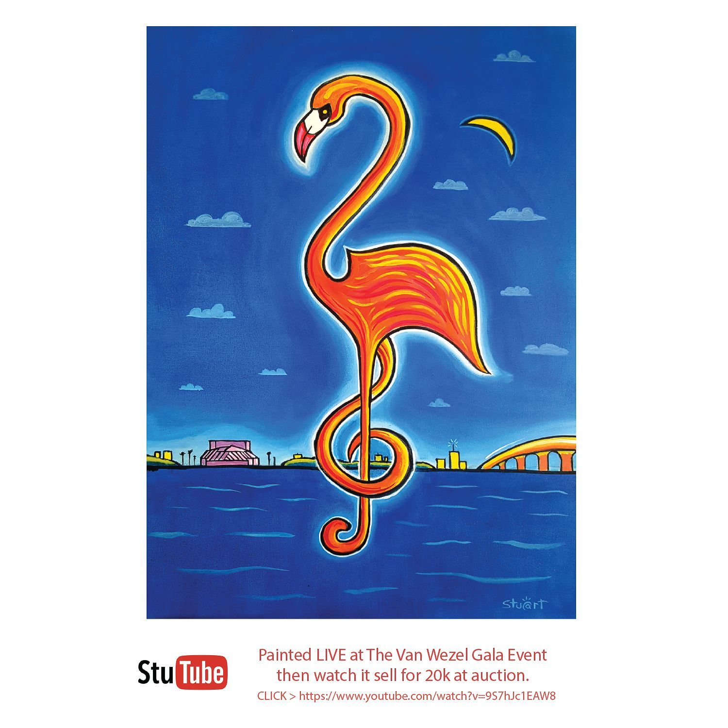 A painting of a flamingo with a treble clef around its neck