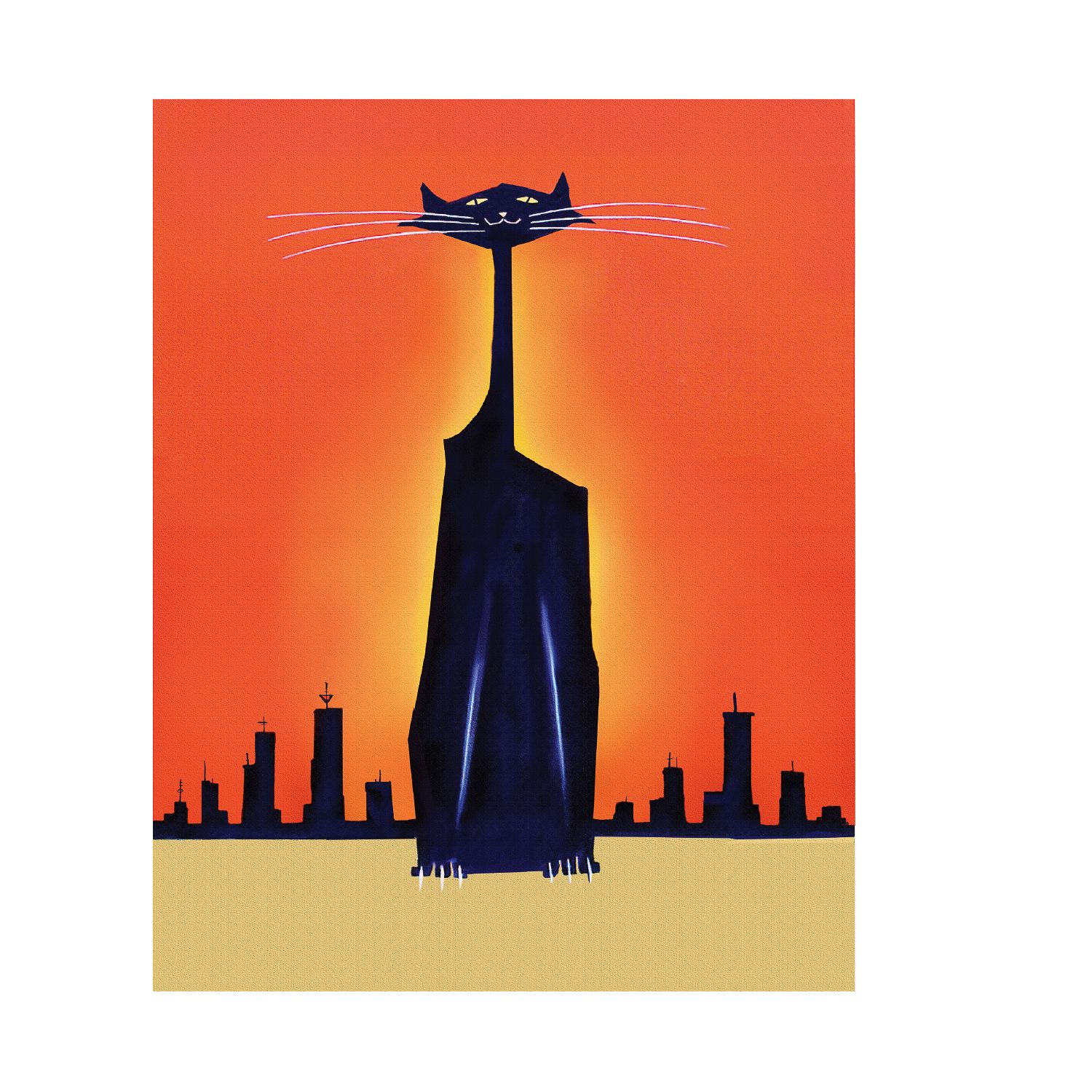 A black cat with a long neck is standing in front of a city skyline
