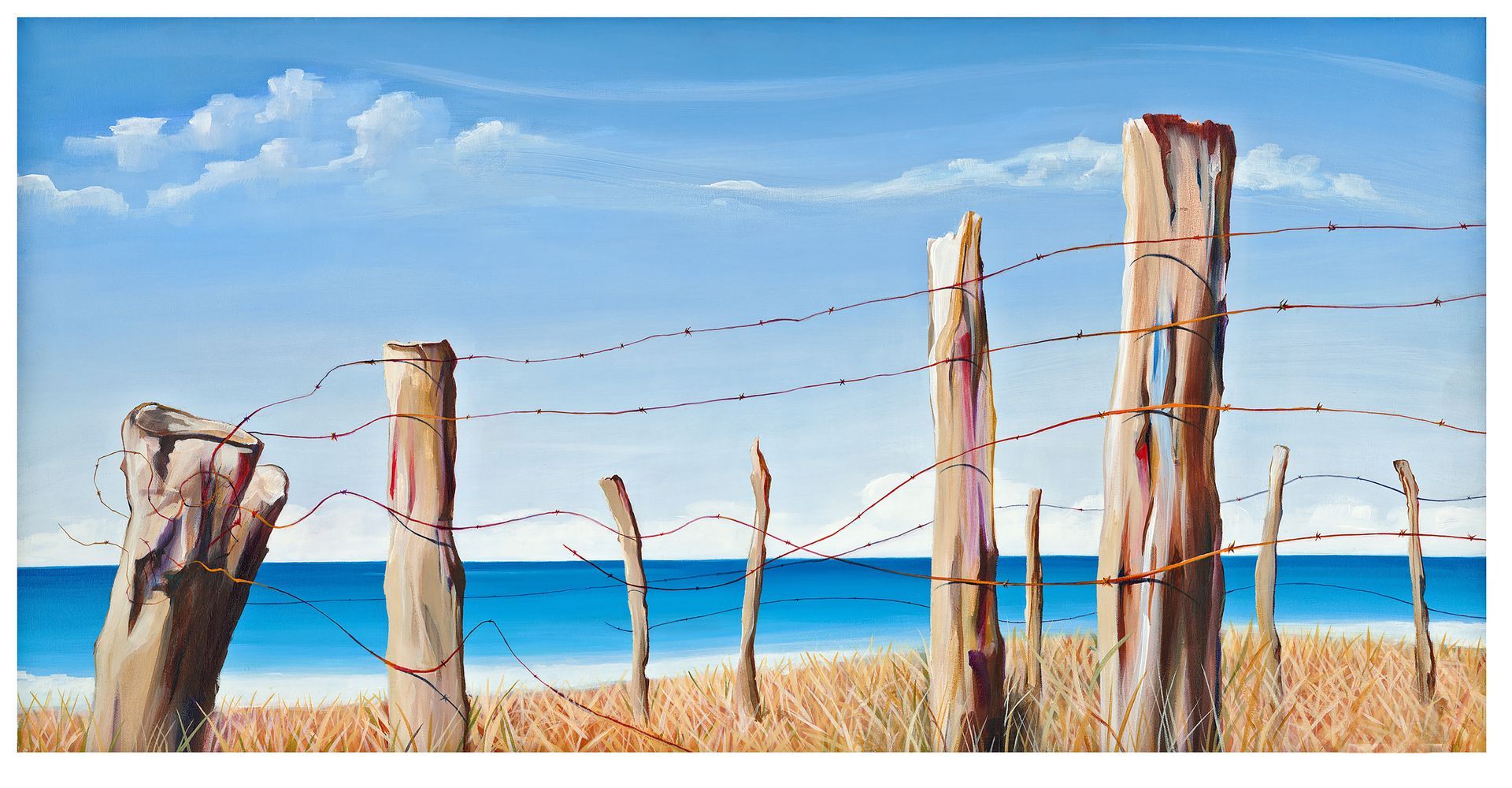 A painting of a barbed wire fence with a beach in the background.
