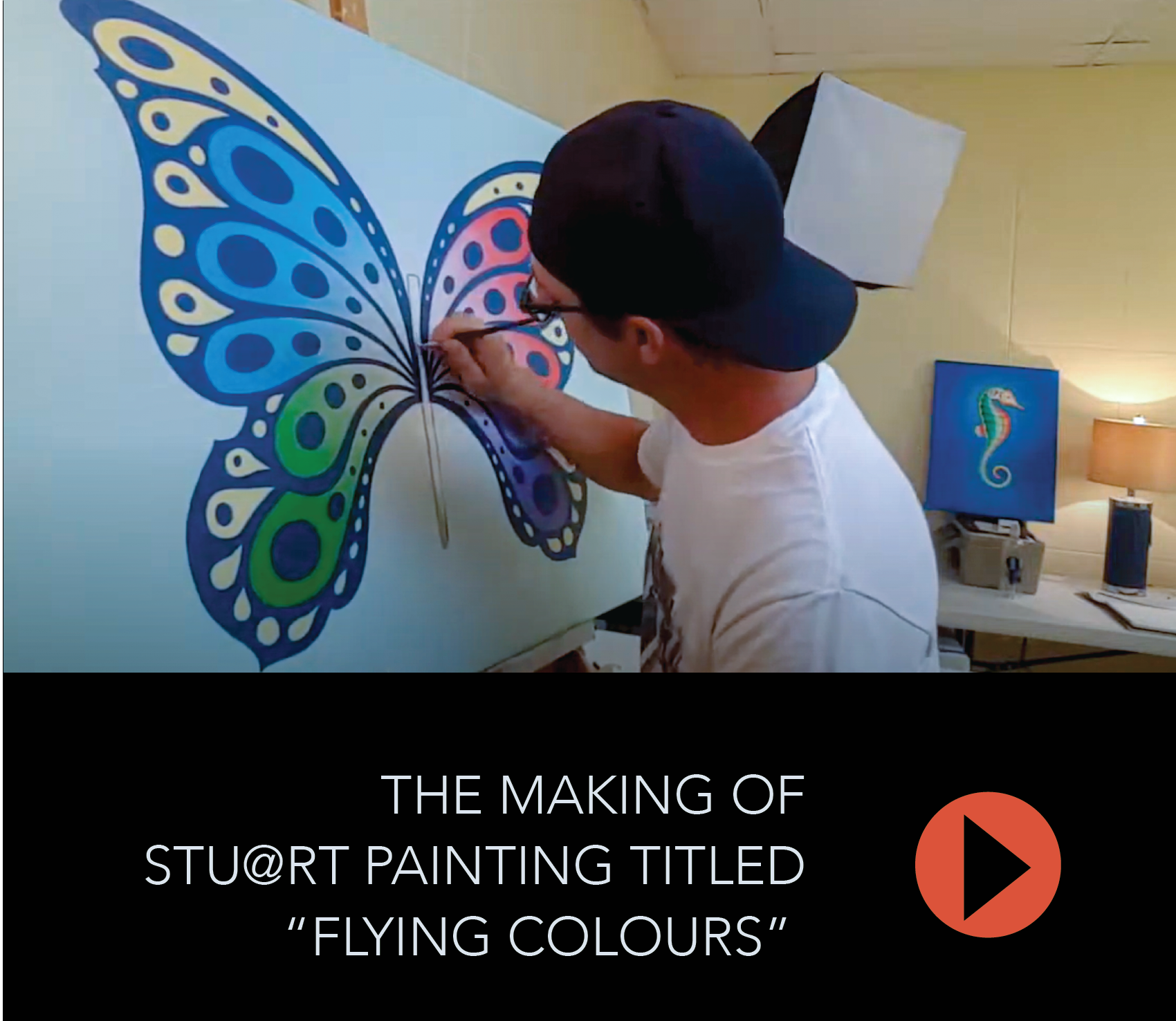 A man is painting a butterfly on a large canvas