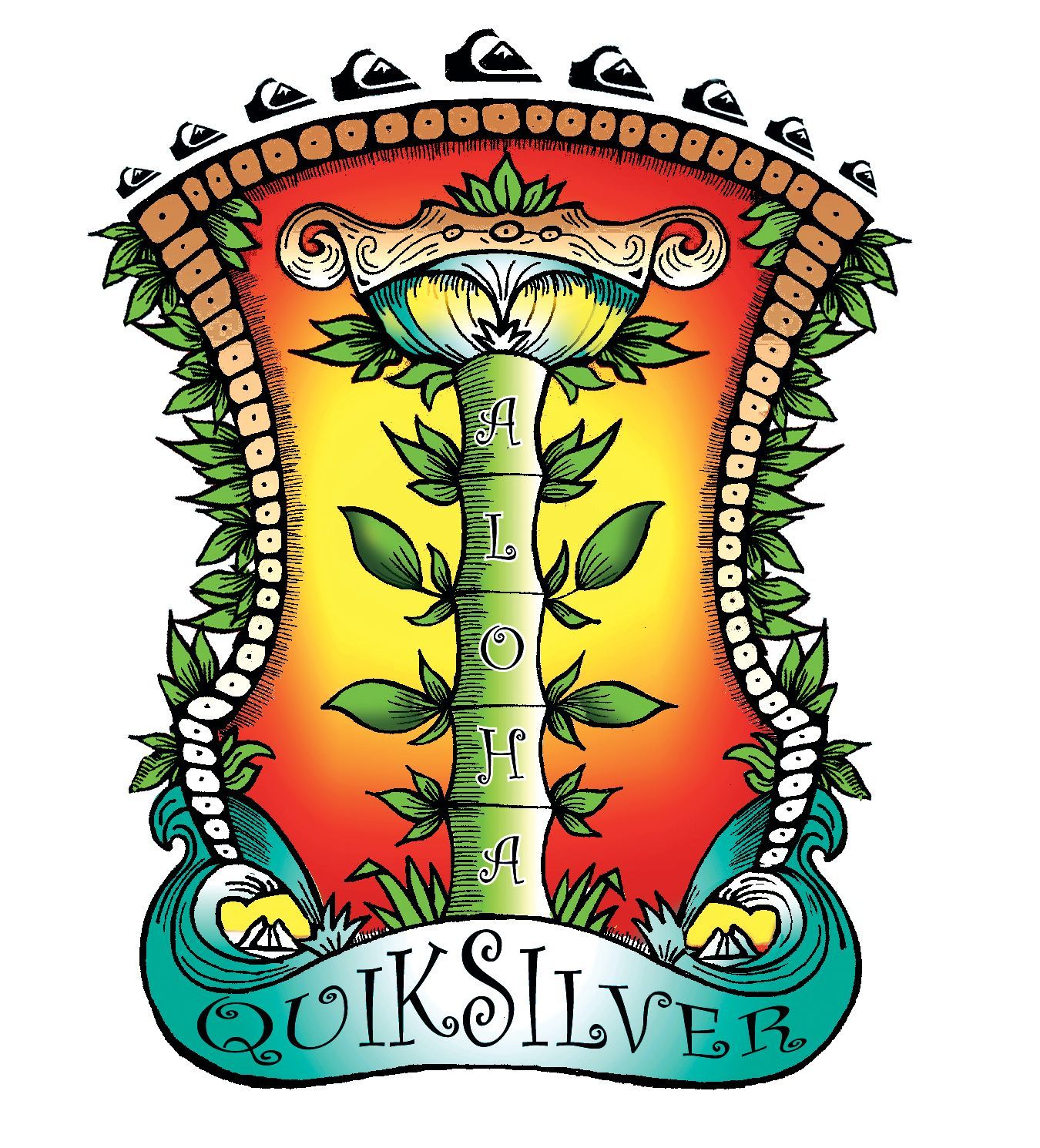 A quiksilver logo with a bamboo tree and leaves