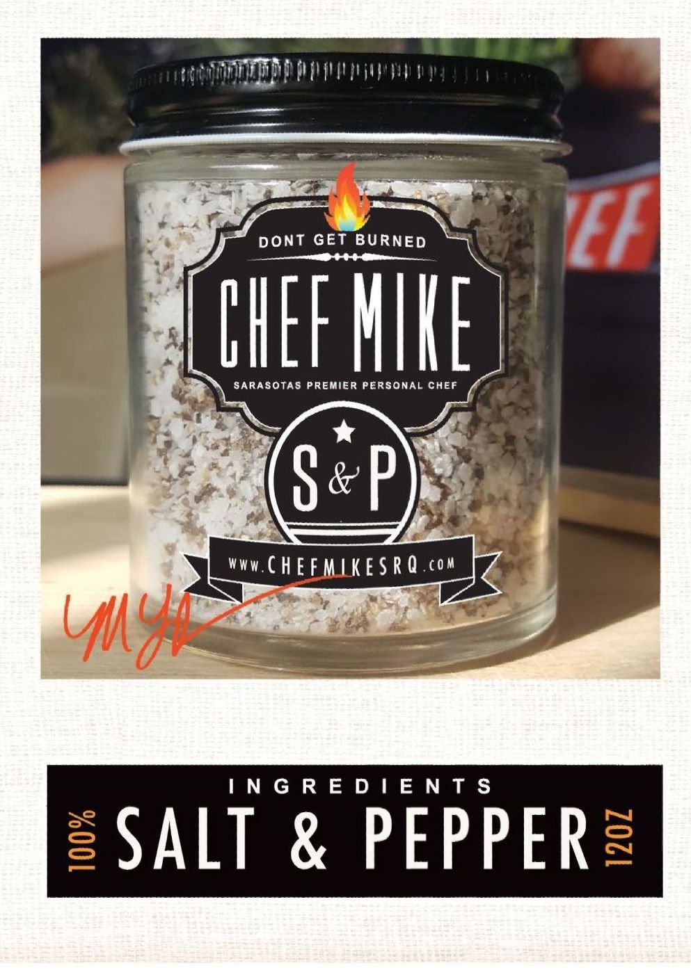 A jar of chef mike s & p salt and pepper