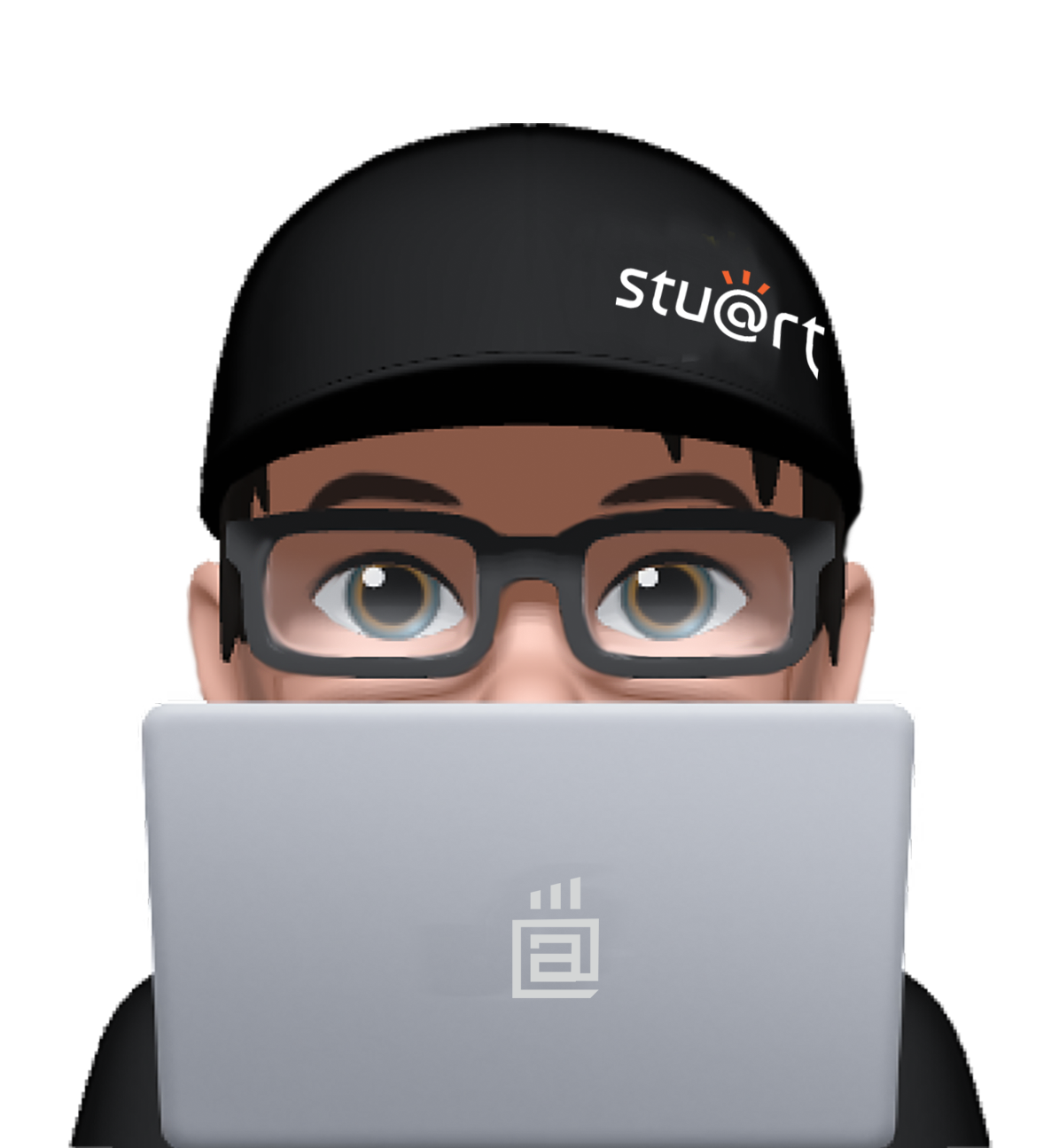 A man wearing glasses and a black hat with stu @ rt written on it
