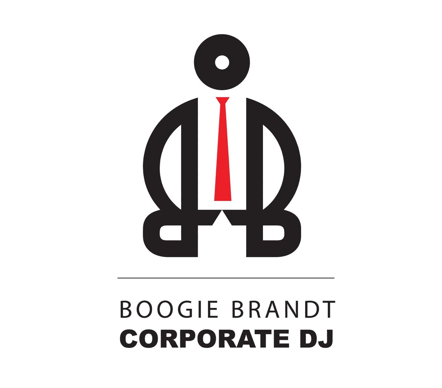The logo for boogie brandt corporate dj shows a man in a suit and tie.
