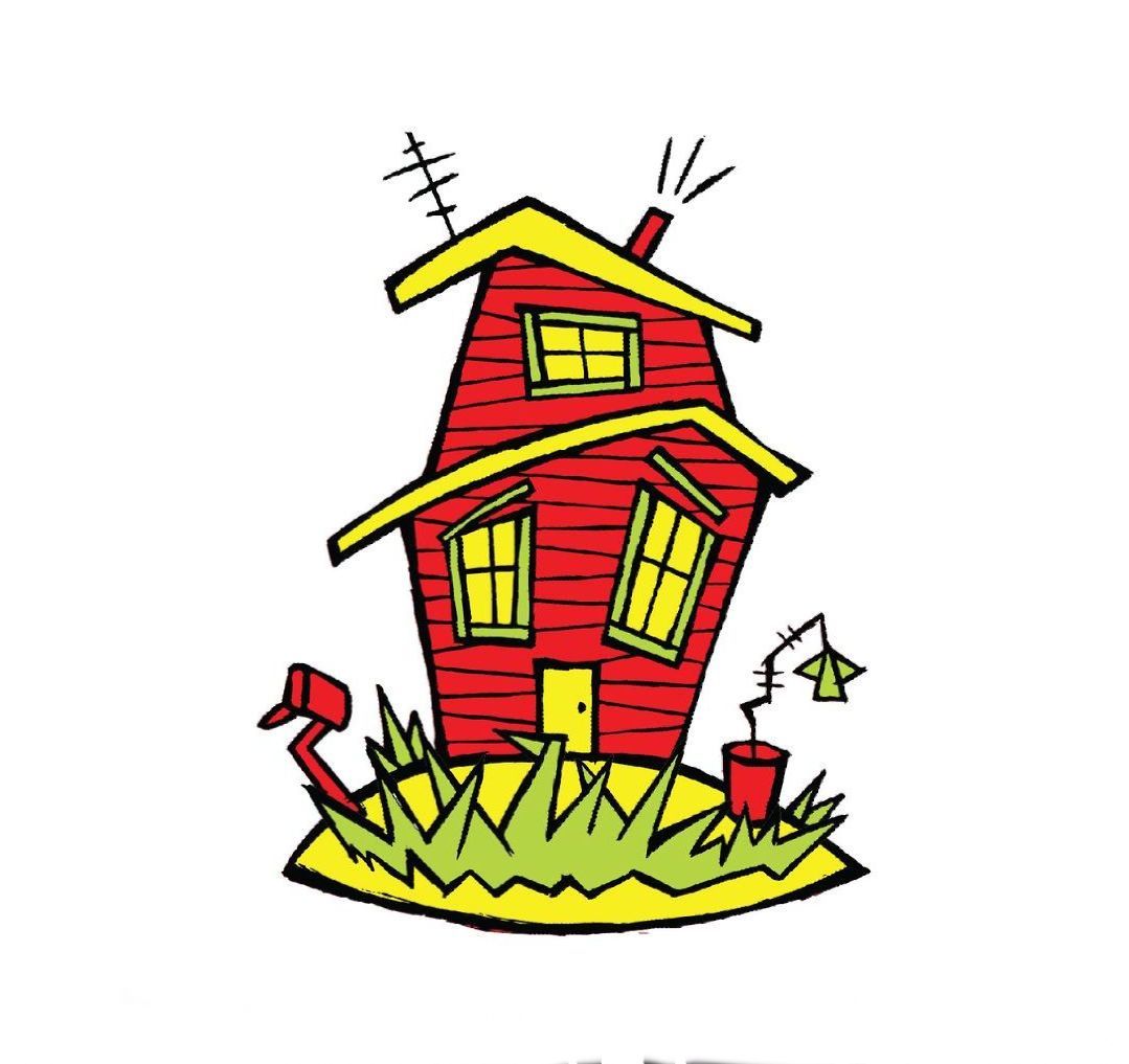 A cartoon drawing of a red house with a yellow roof