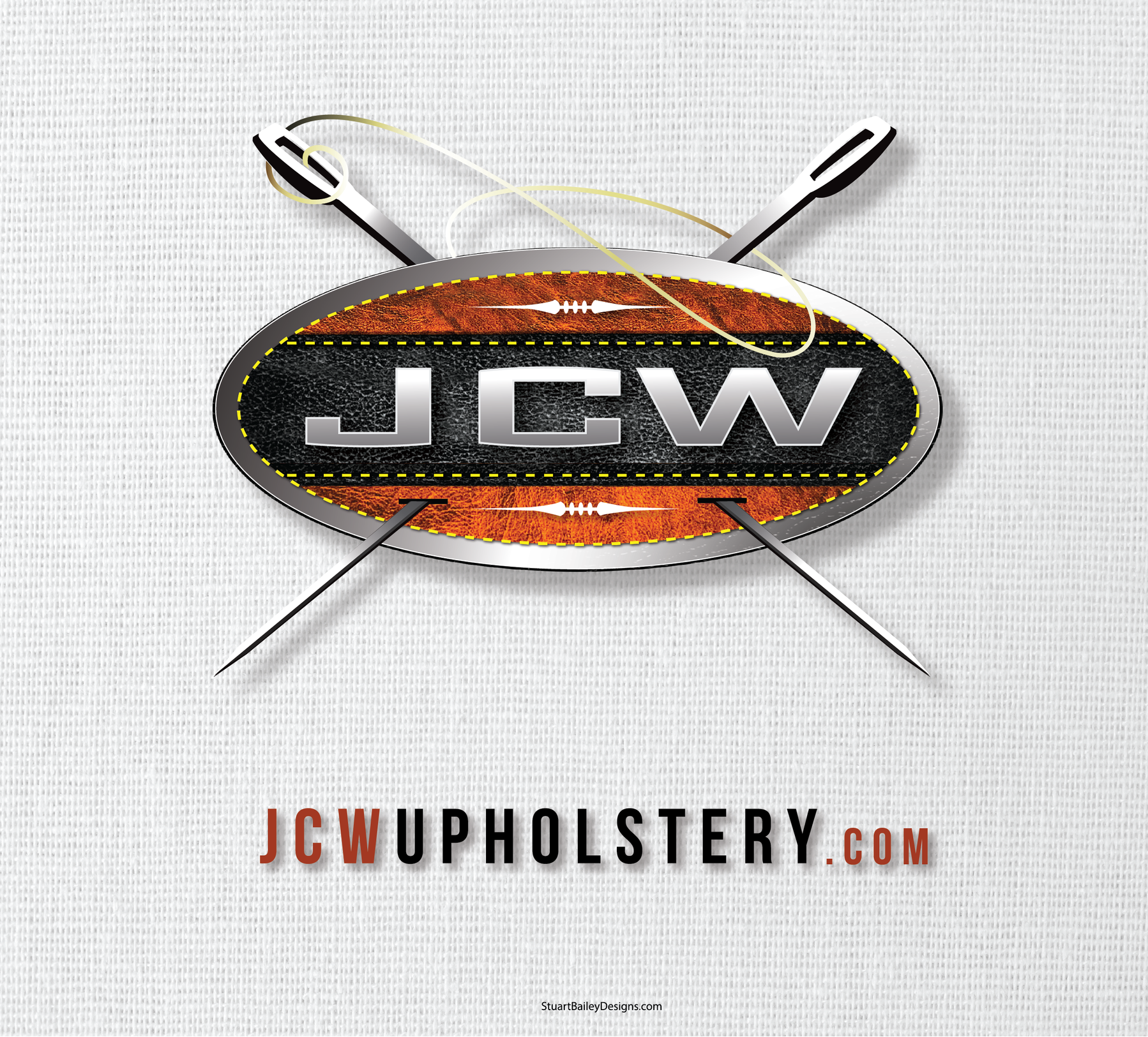 A logo for jcw upholstery with crossed needles