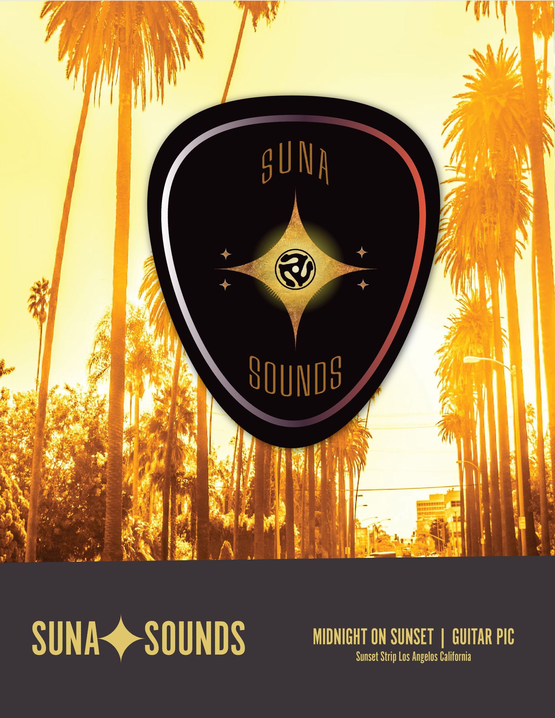 A suna sounds guitar pick with palm trees in the background