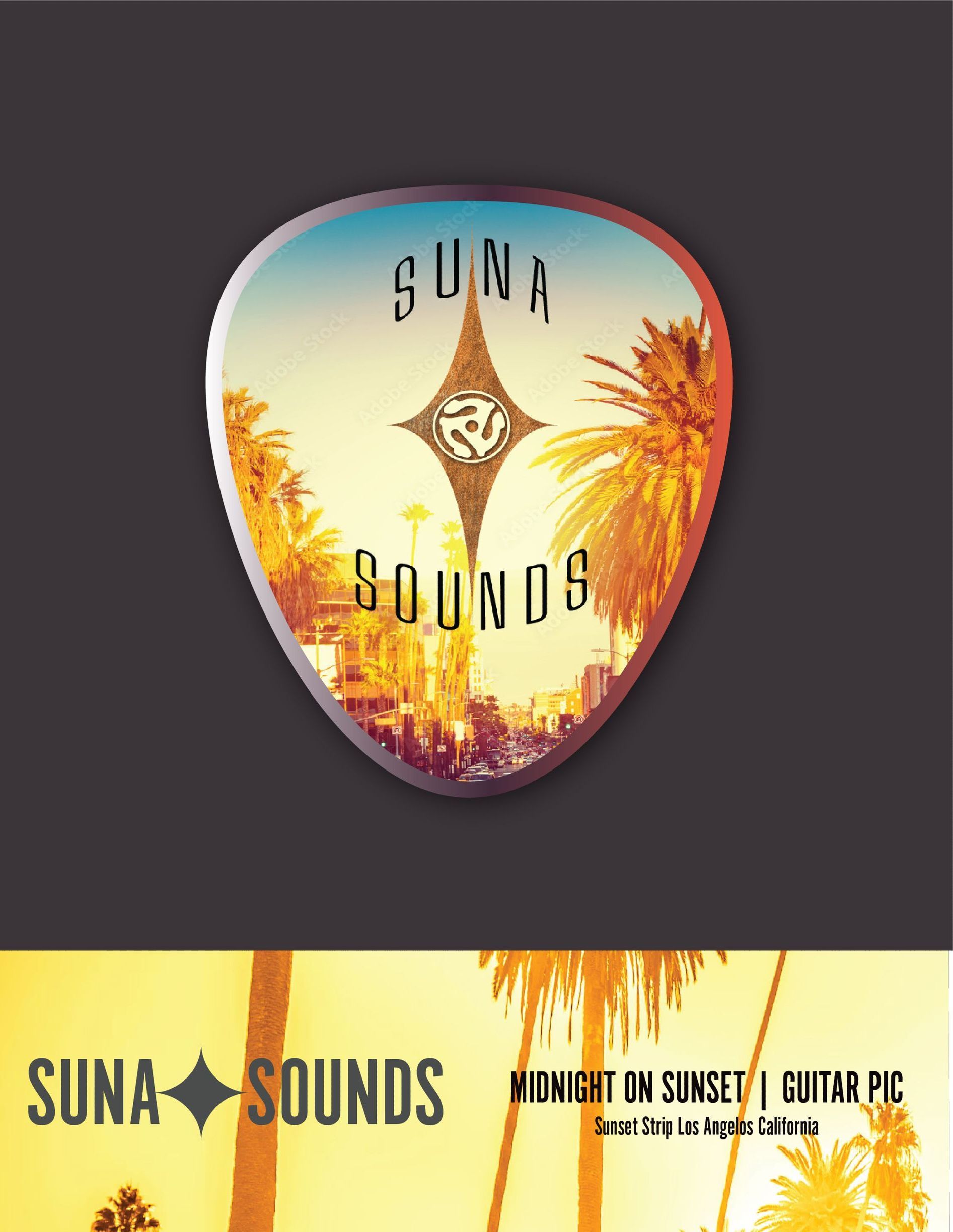 A suna sounds guitar pick with a picture of palm trees on it