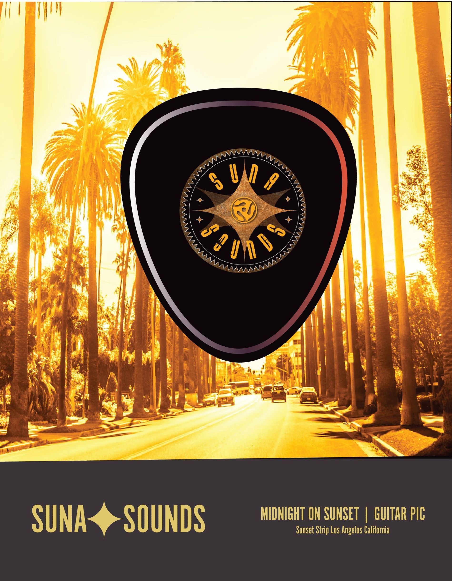 A suna sounds guitar pick with a palm tree in the background