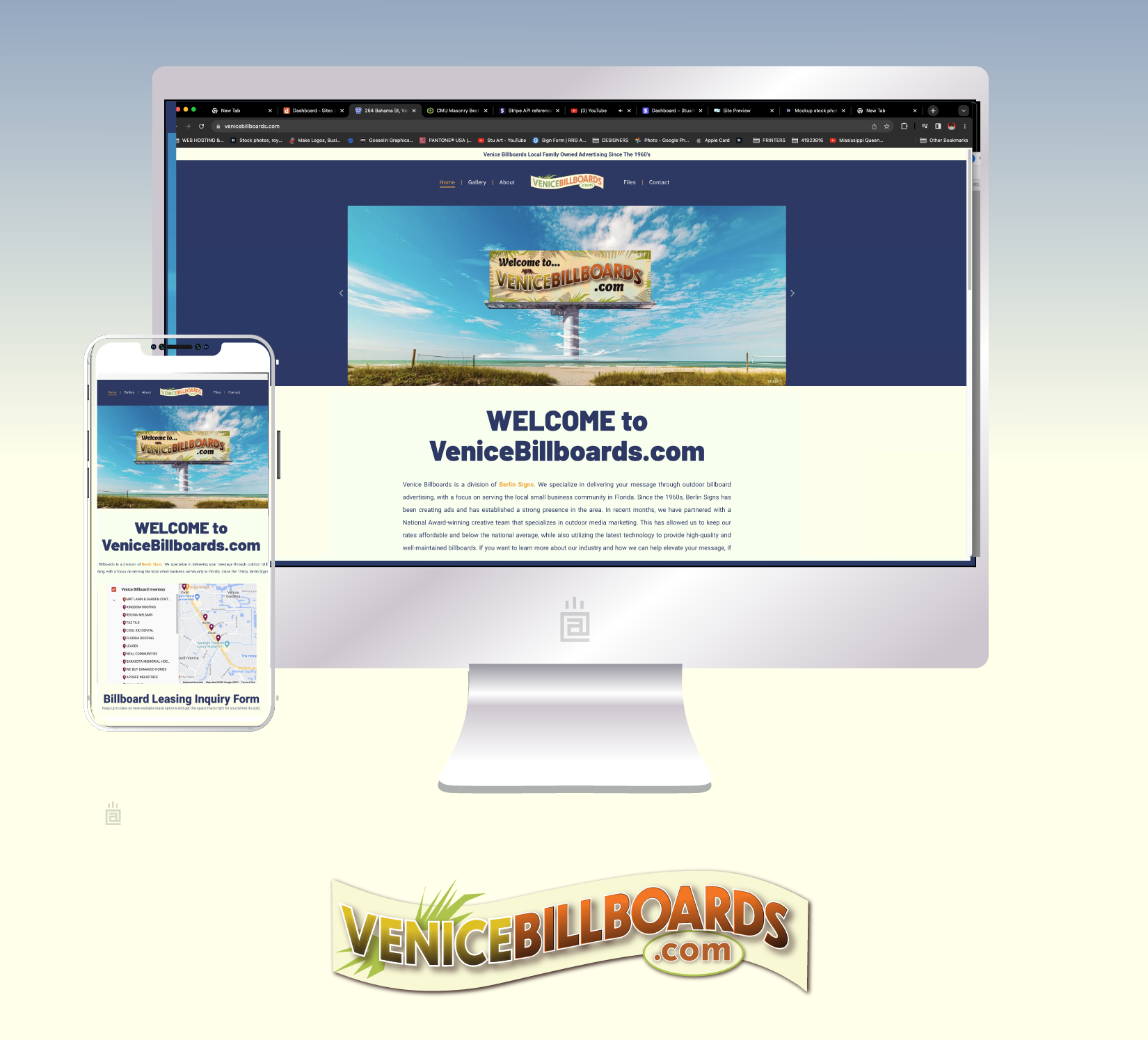 Website of VeniceBillboard.com displayed on a desktop computer and smartphone. Logo below.