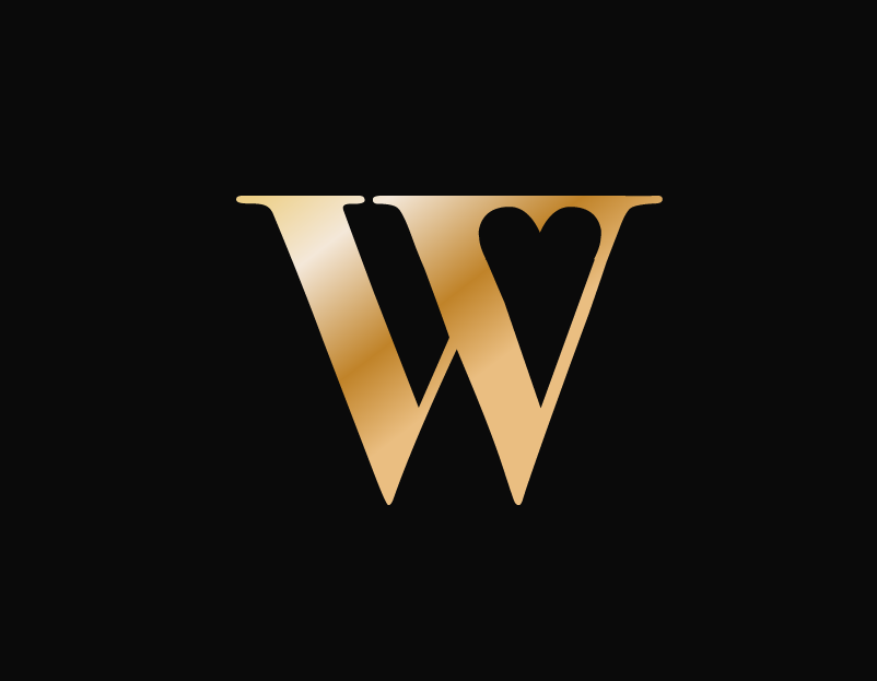 A gold letter w with a heart in the middle on a black background.