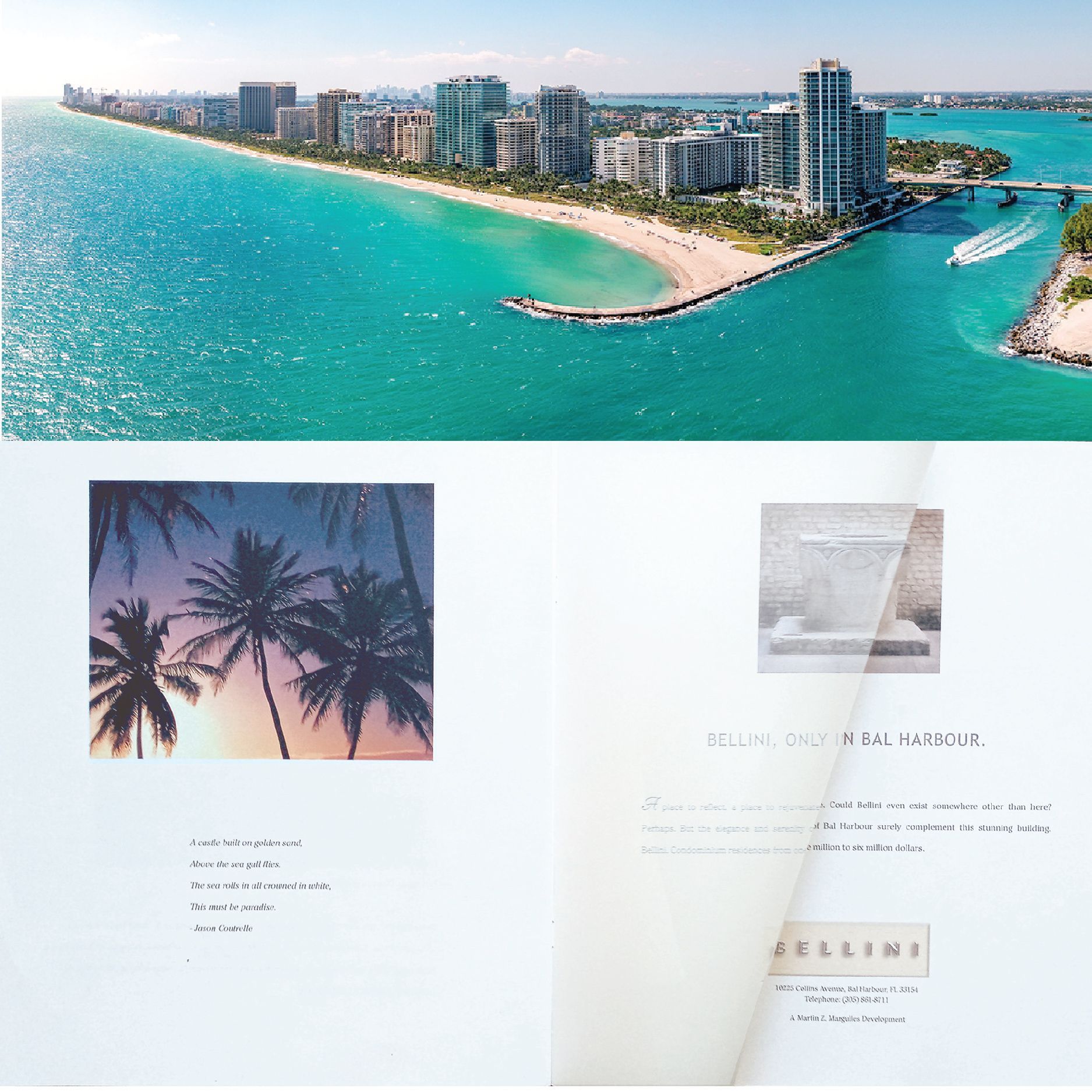 A book is open to a page with an aerial view of a beach and palm trees