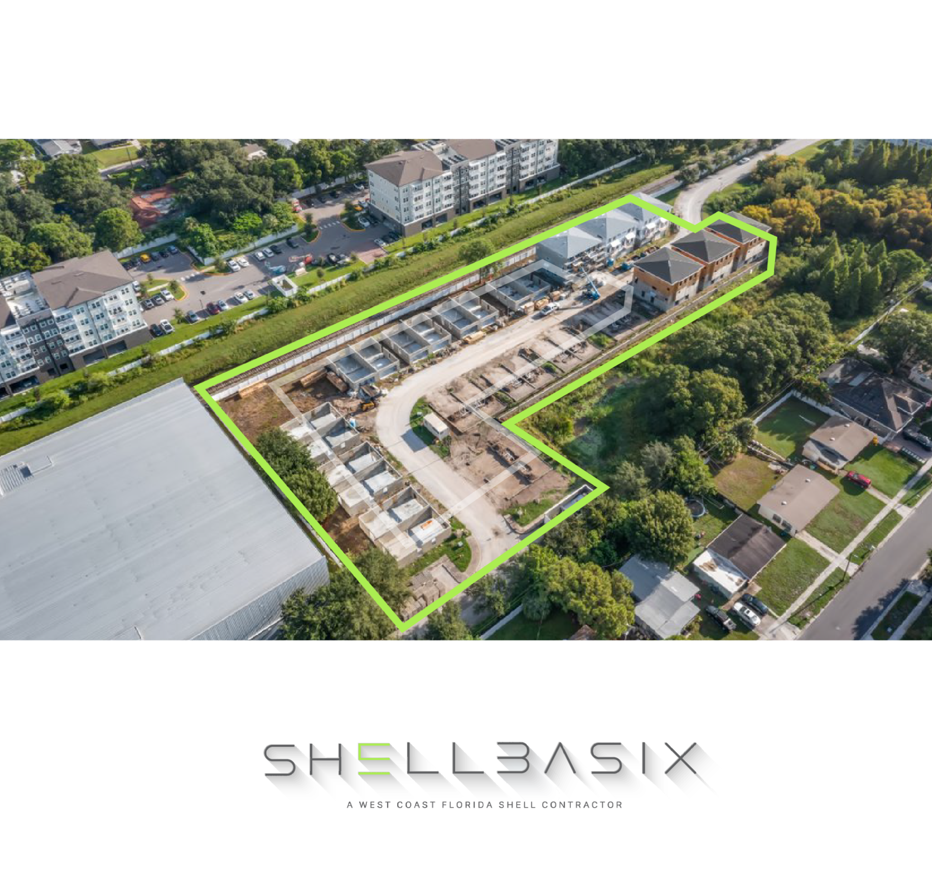 An aerial view of a residential area with shellbasix written on the bottom