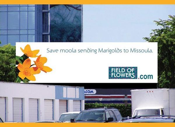 A billboard that says field of flowers on it