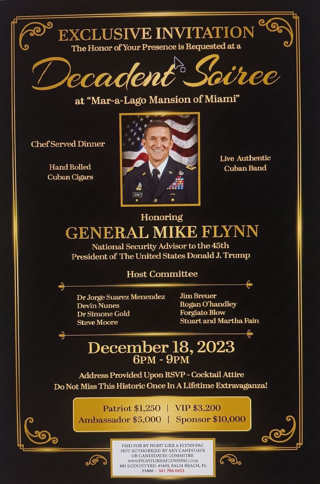 A black and gold invitation for a deceased soiree