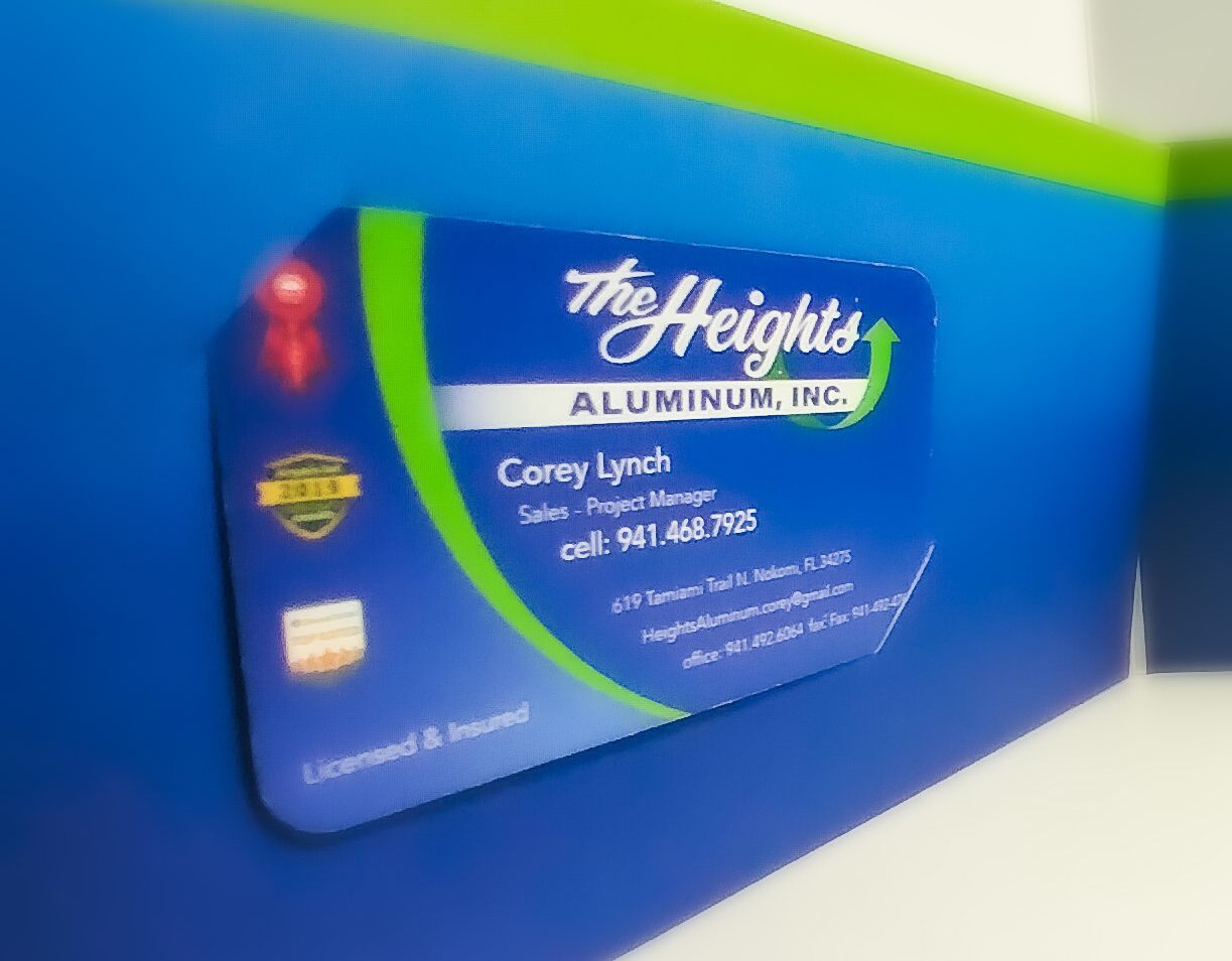 A blue and green business card for the heights aluminum inc.