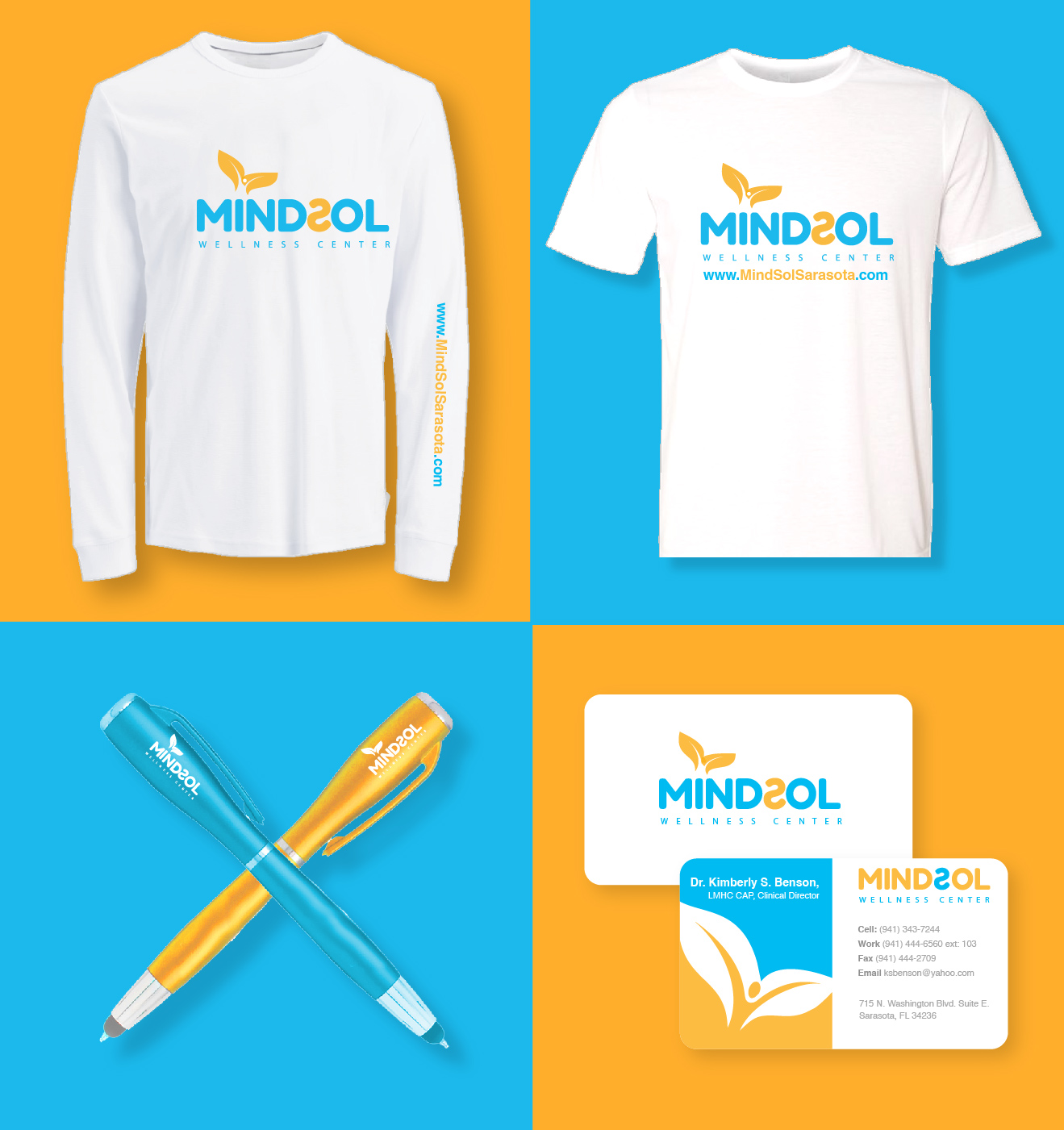 A t-shirt , pen , and business card with logo design for mindsol