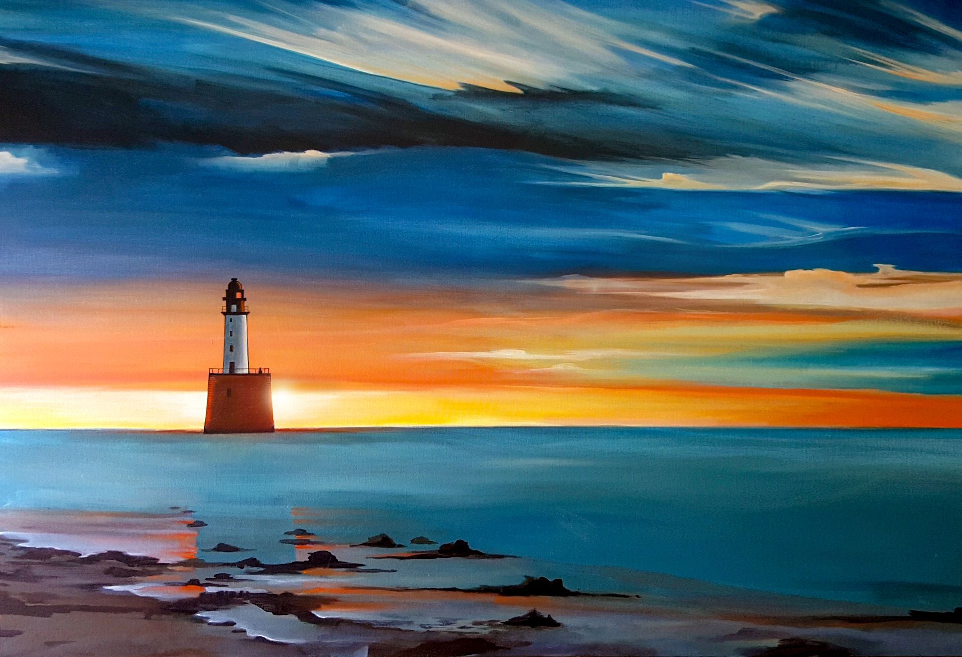 A painting of a lighthouse in the middle of the ocean at sunset