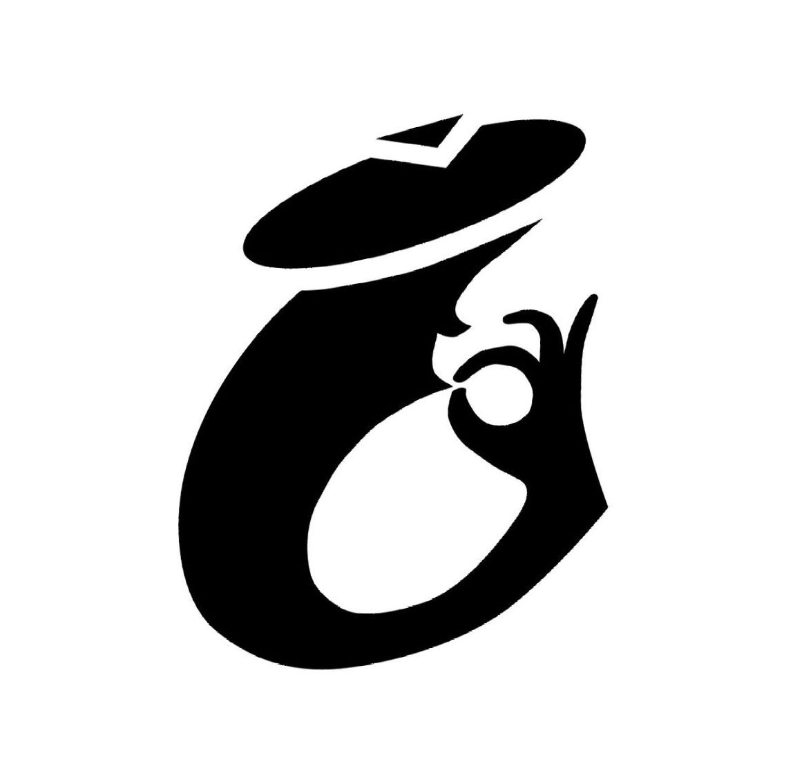 A black and white silhouette of a person wearing a hat.