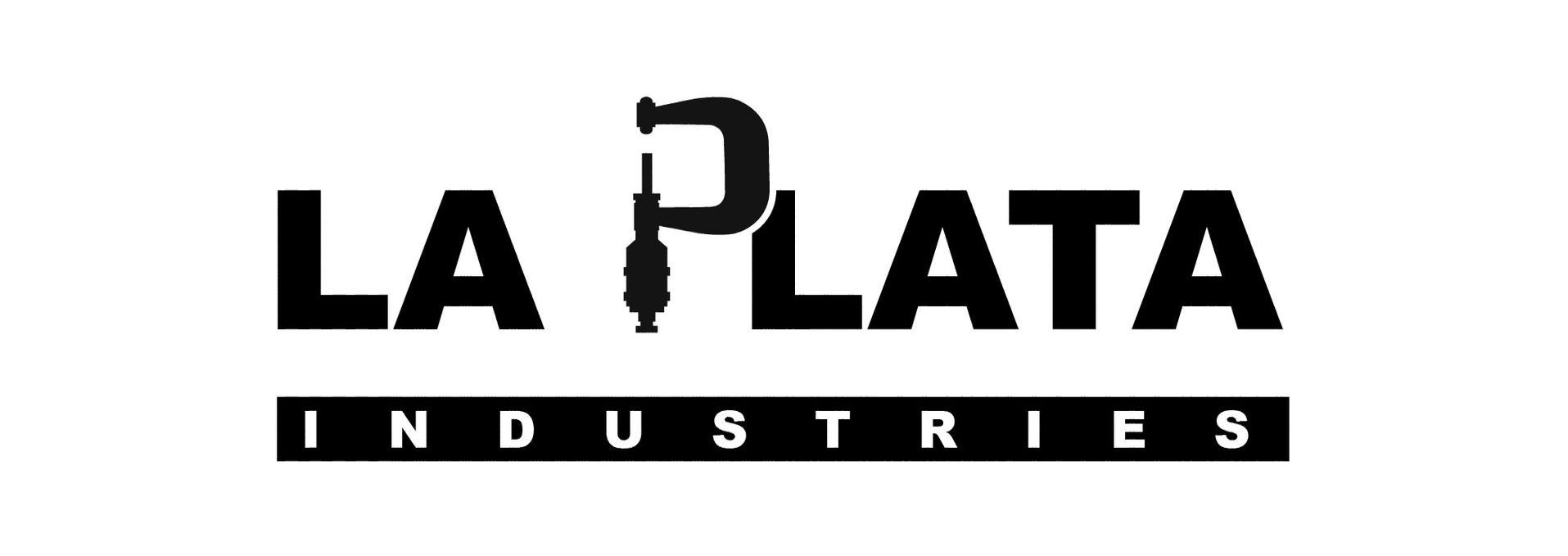 A black and white logo for la plata industries