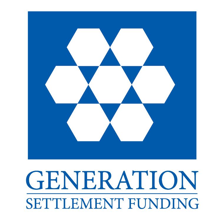 A blue and white logo for generation settlement funding