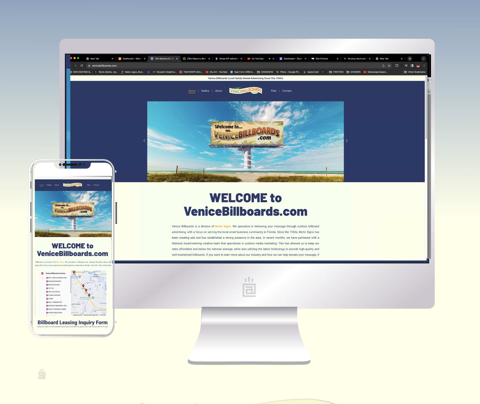 A computer and a cell phone are displaying a website called Venicebillboards.com