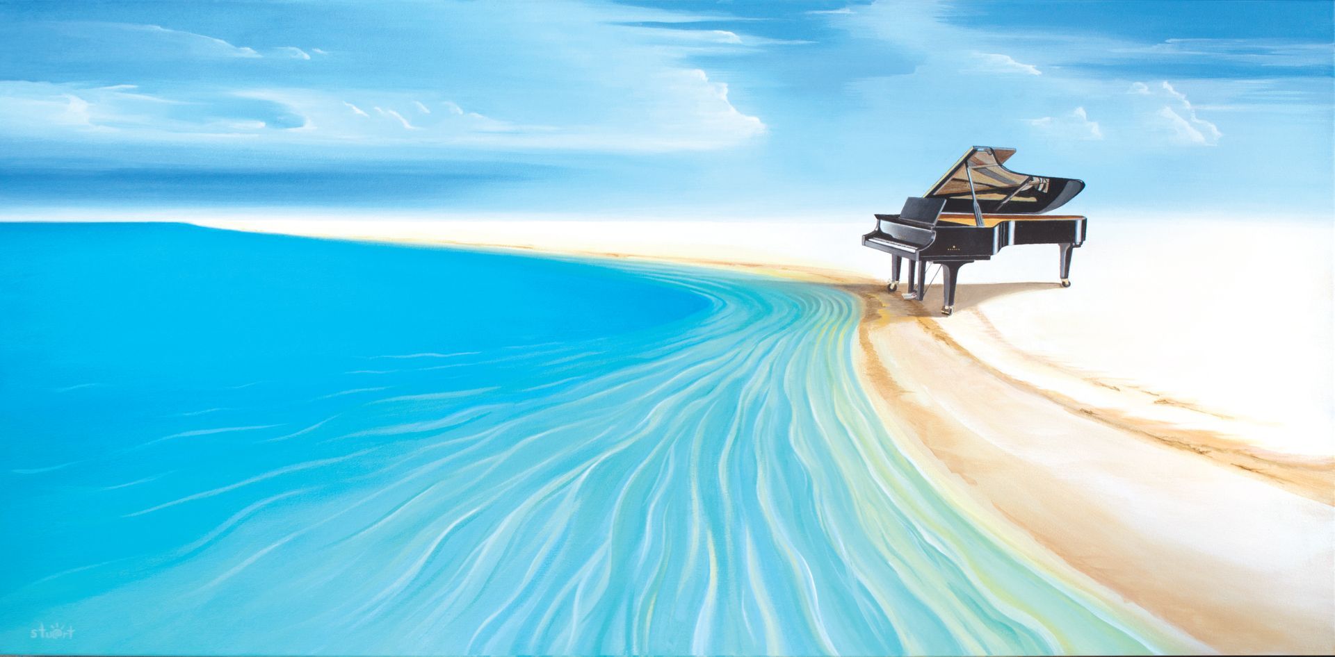 A piano is sitting on a beach next to the ocean.