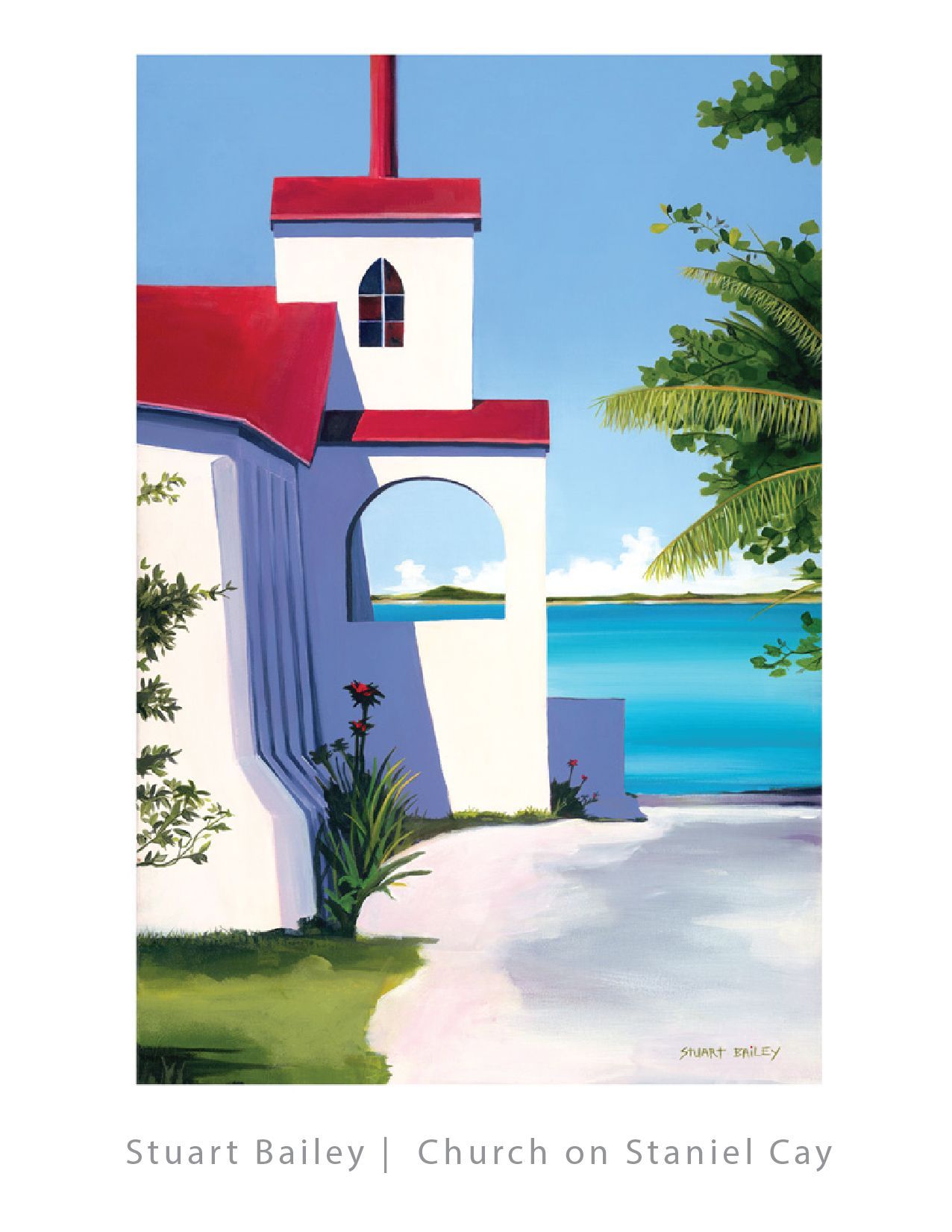 A painting of a church on stanley cay by stuart bailey