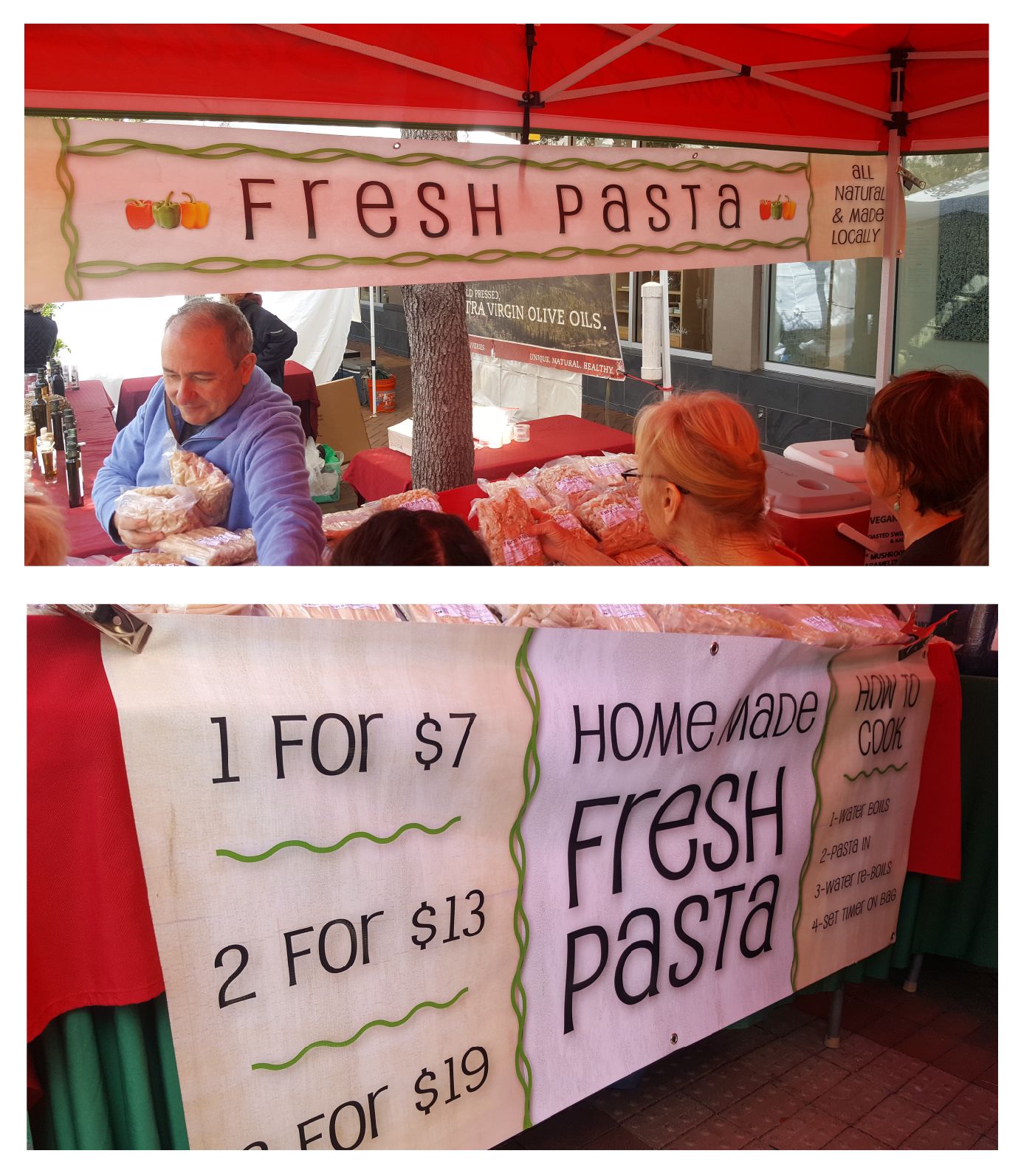 A man sits at a table under a sign that says fresh pasta